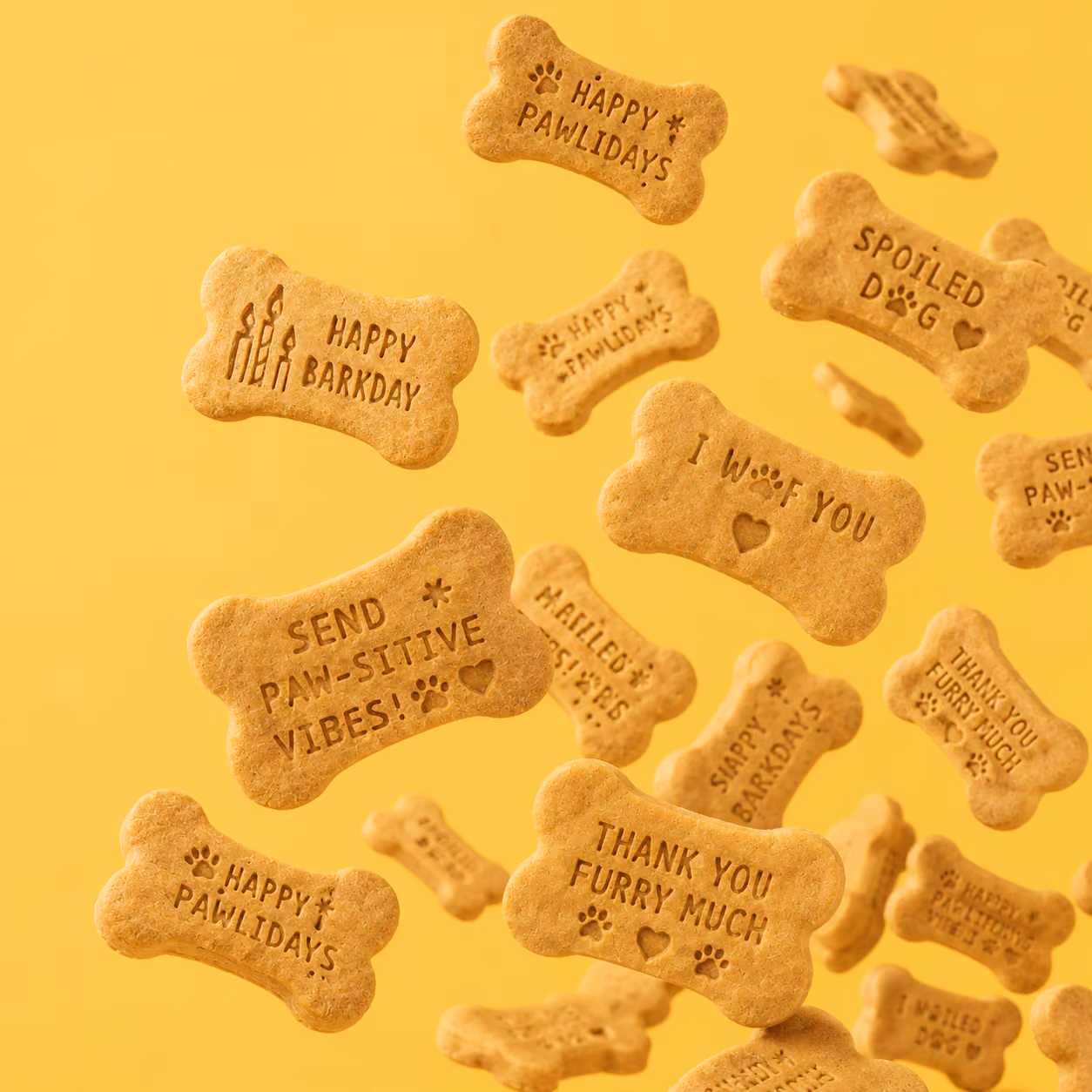 Floating bone-shaped dog treats with playful messages like 'Happy Pawlidays' and 'Spoiled Dog'.