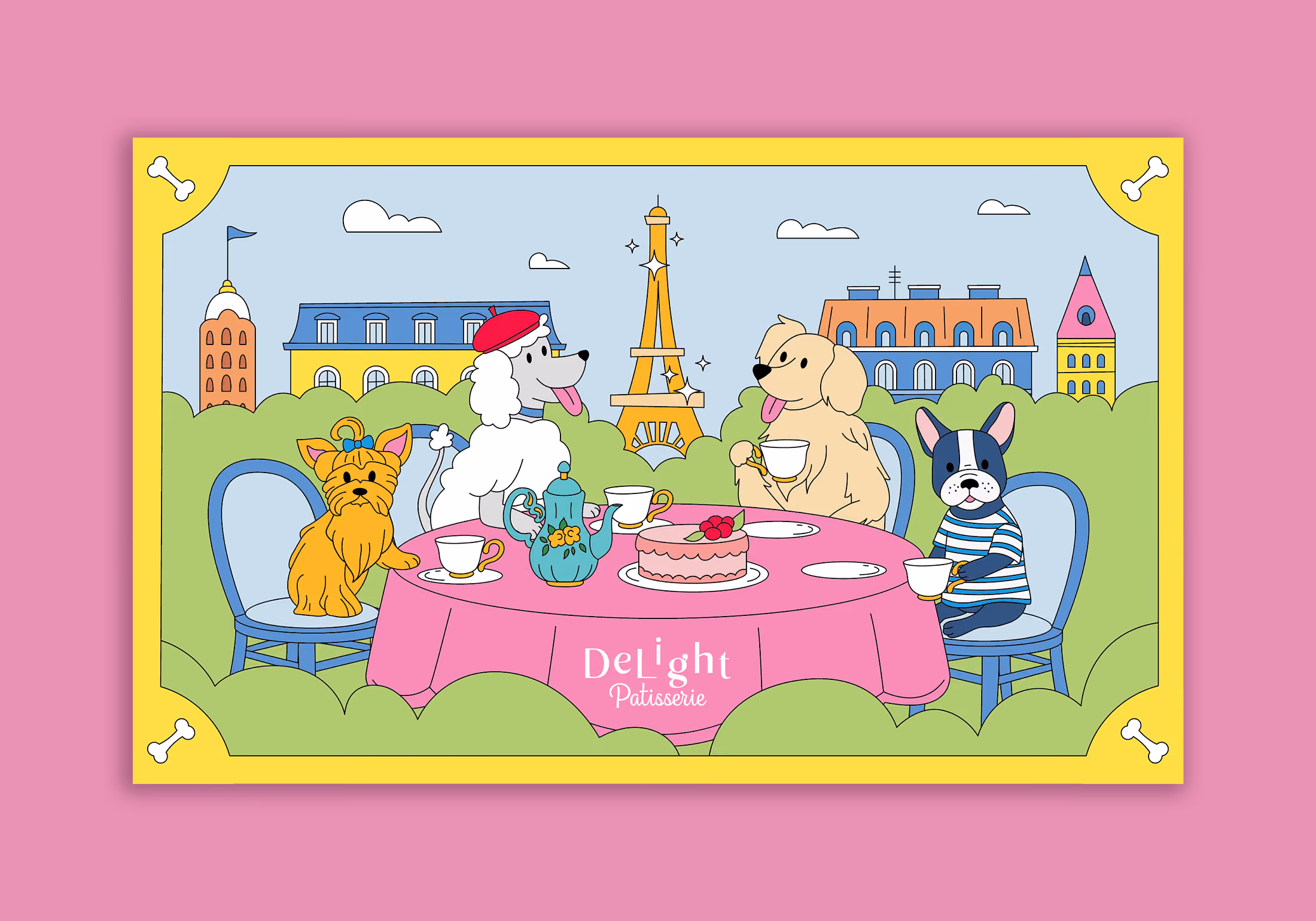 Four dogs sitting at a pink table with tea, cake, and Eiffel Tower in the background.