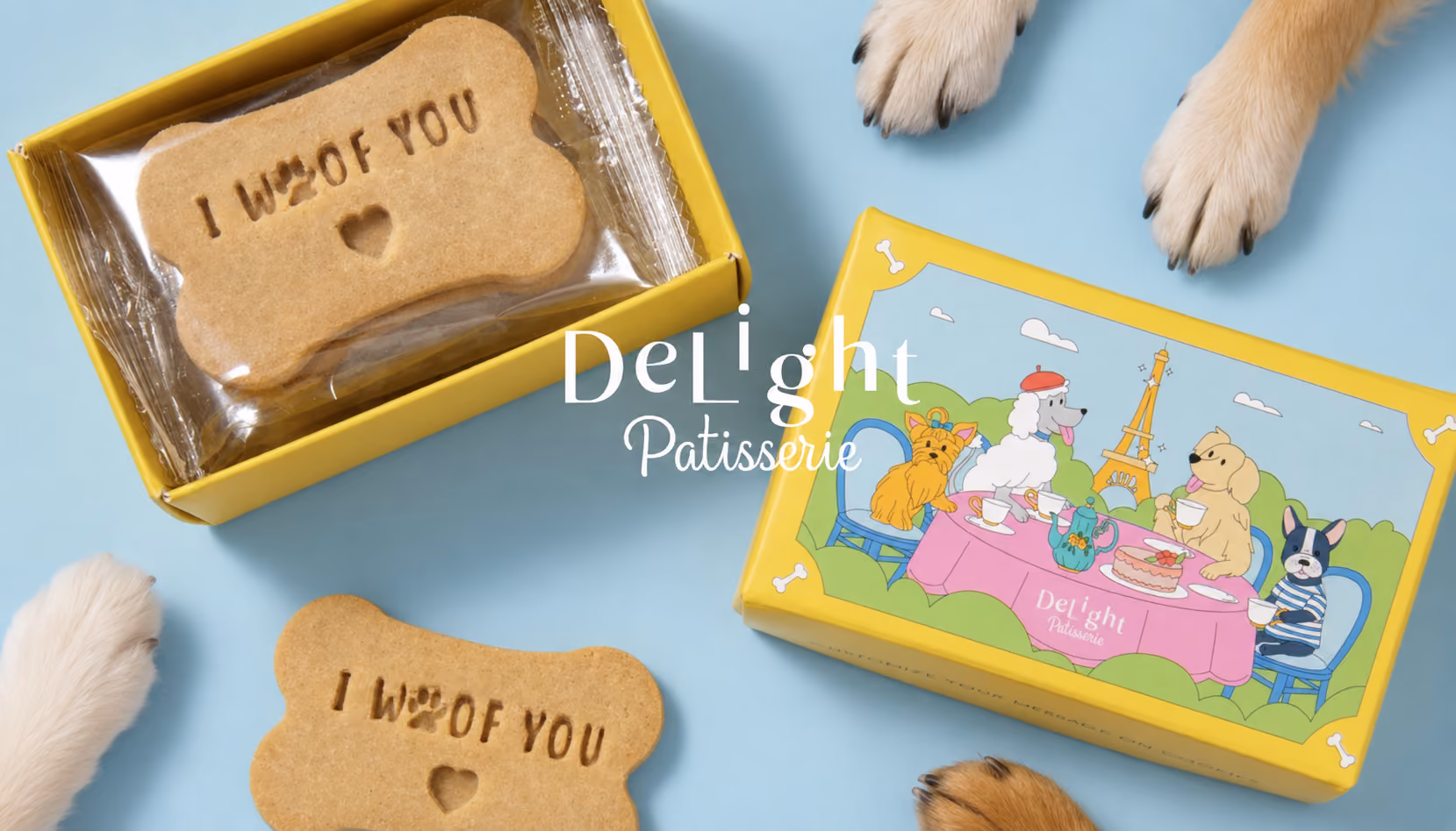 Dog bone-shaped treats saying 'I WOOF YOU' near a yellow box with cartoon dogs at a tea party.