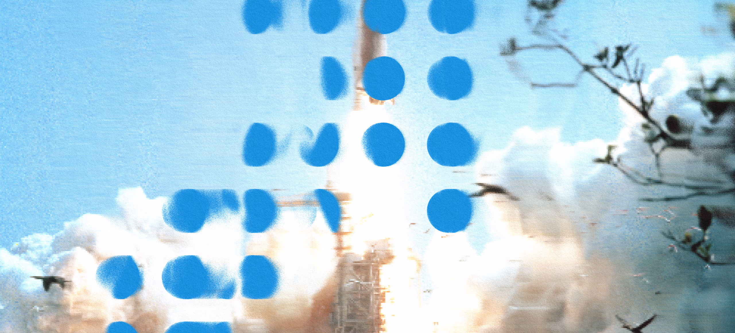 Abstract branded banner with blue dot pattern layered over a bright sky and bare tree branches