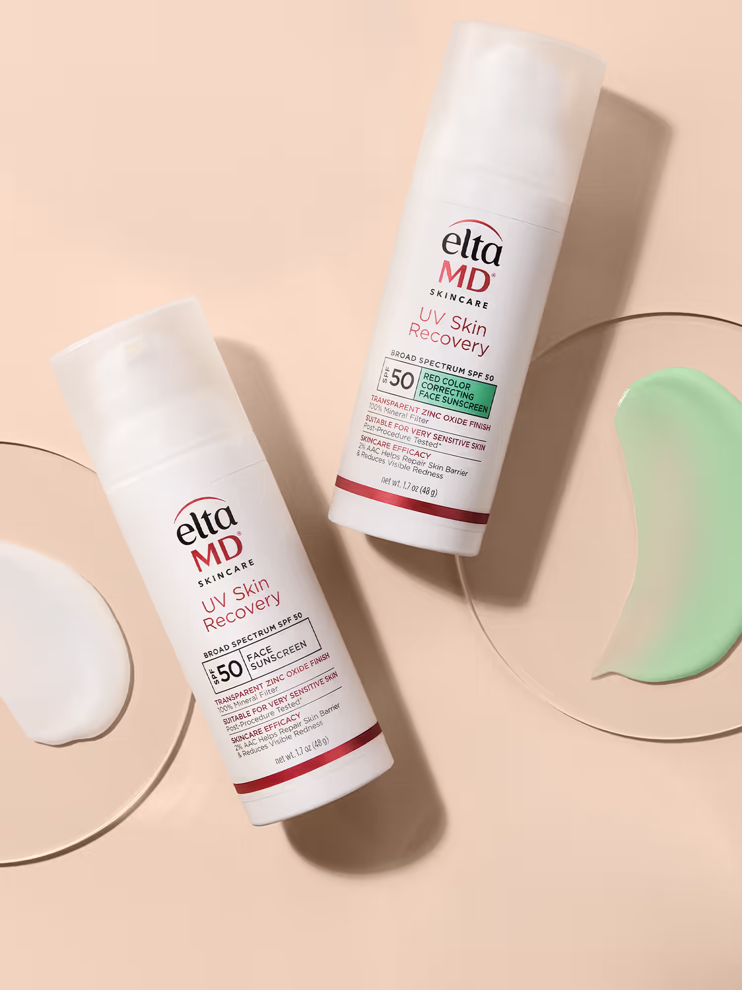 EltaMD SPF sunscreen tube on a peach background with green botanical accents