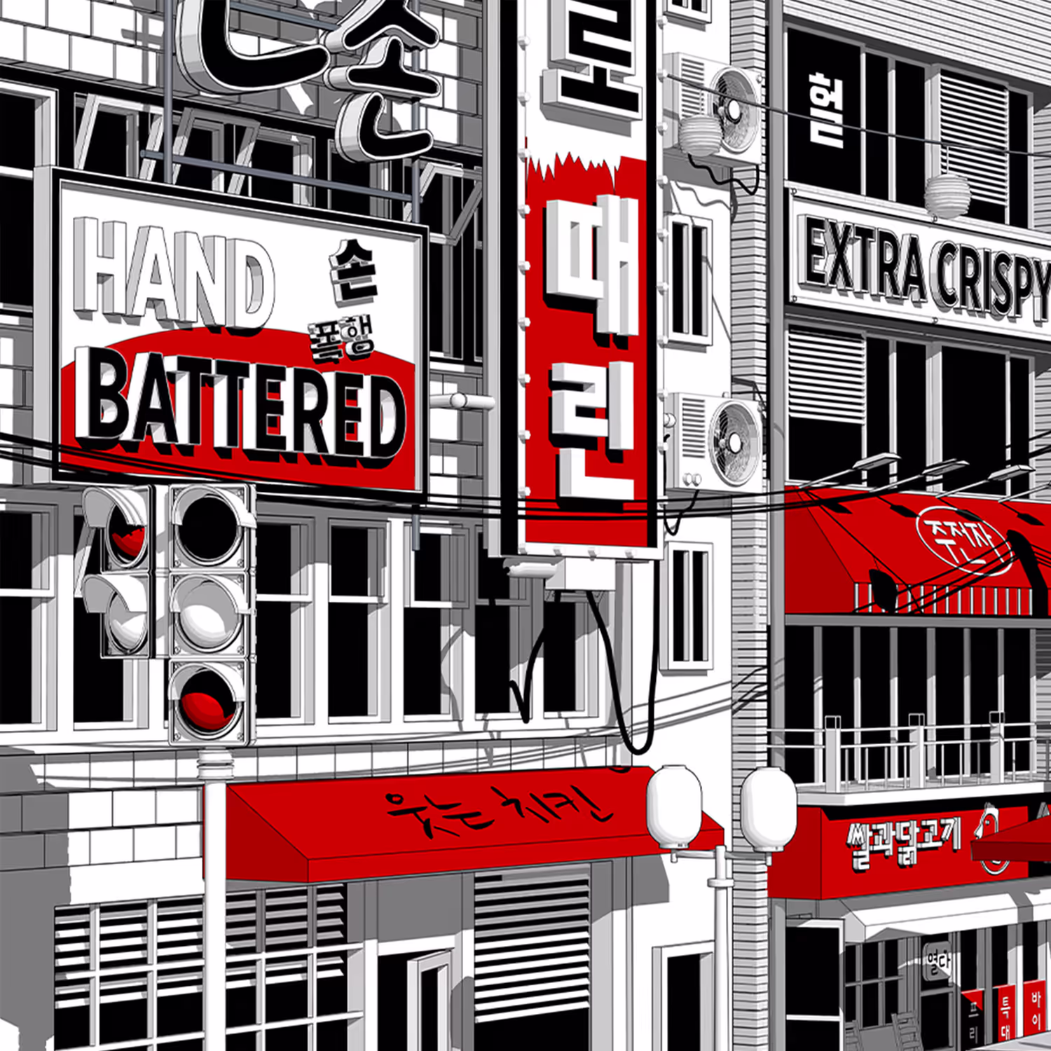 Illustrated collage of a Korean urban street scene with Bonchon branding and 'Hand Battered, Extra Crispy' neon signage