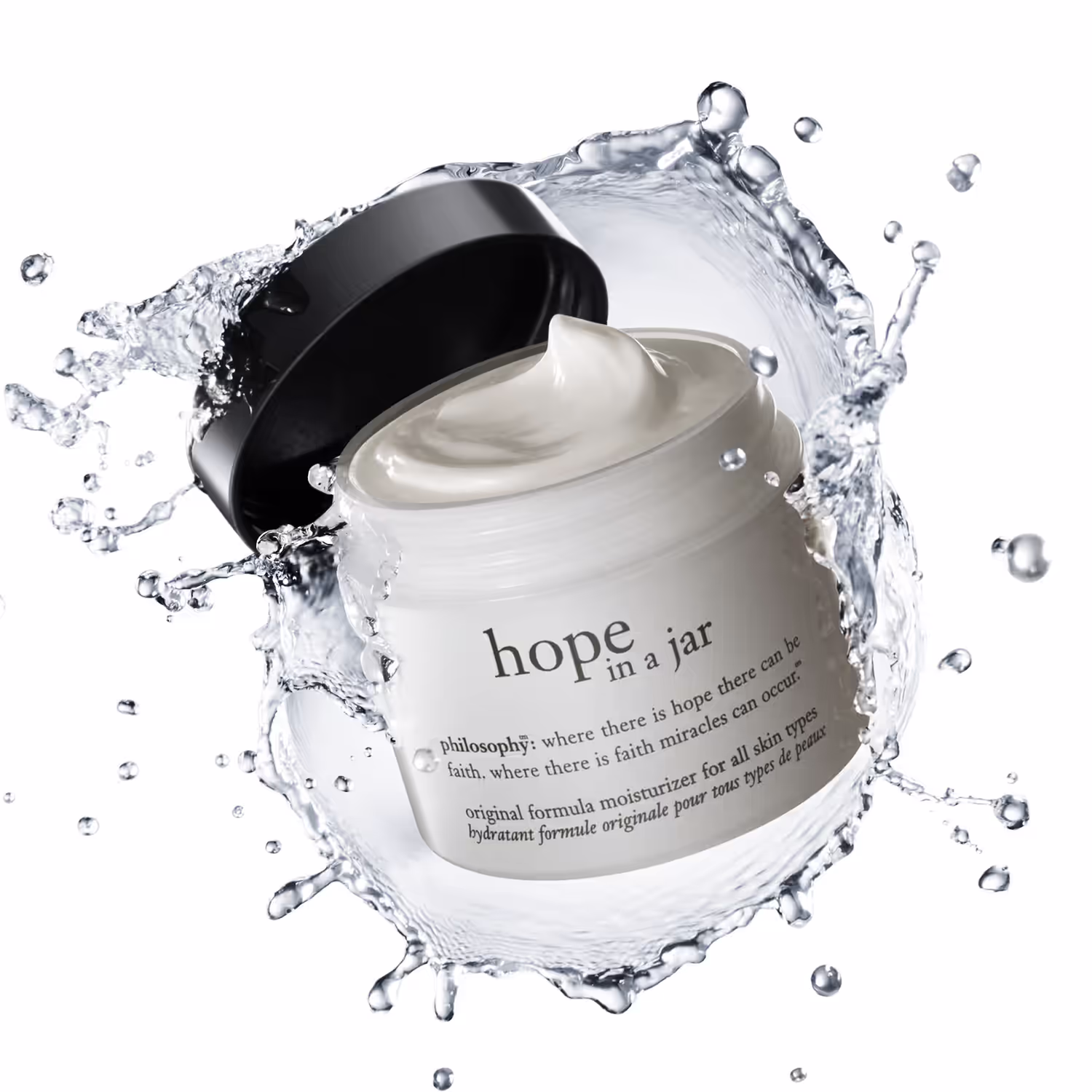 Philosophy 'Hope in a Jar' moisturizer jar with a dramatic water splash
