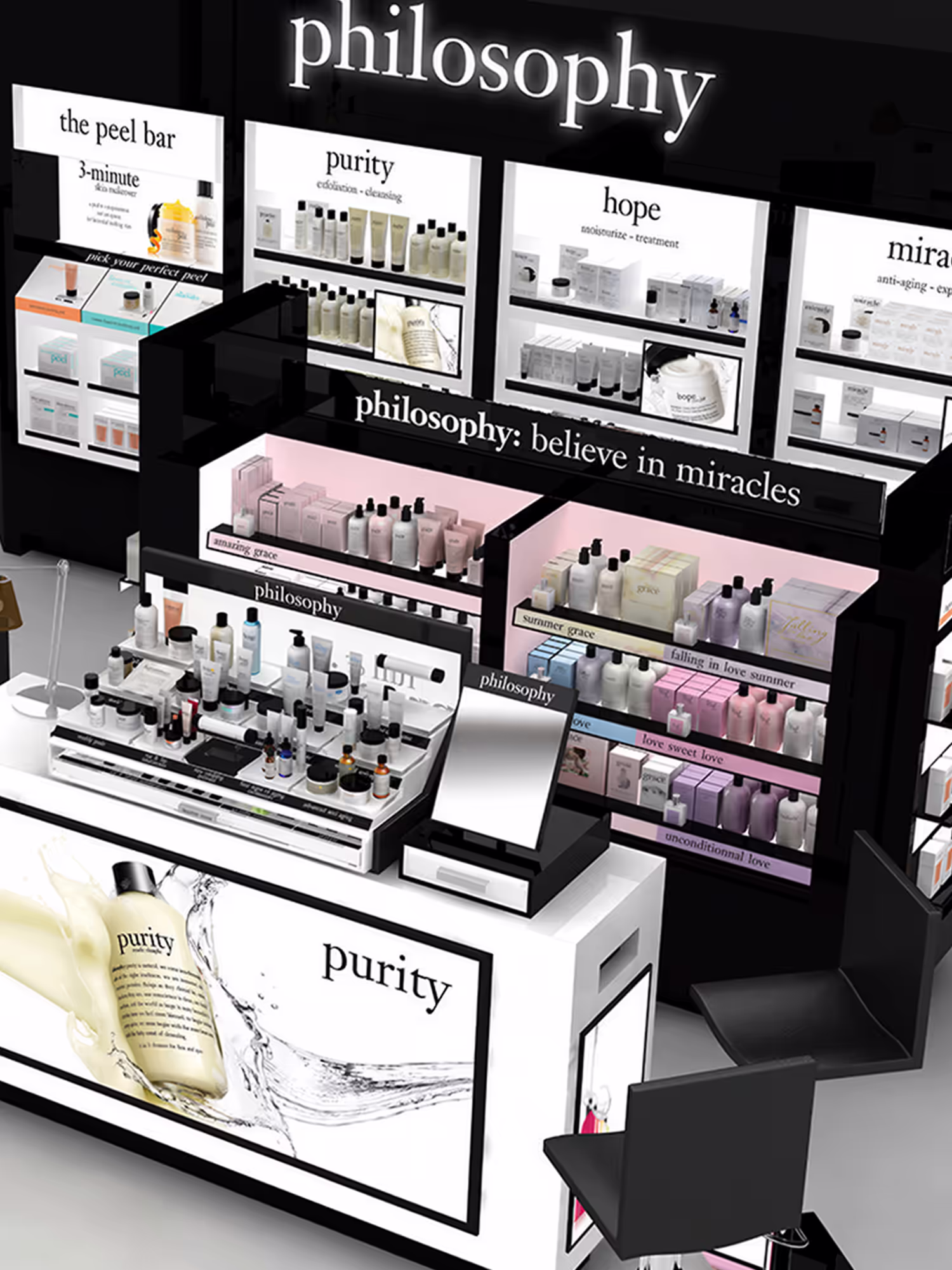 Philosophy retail store display concept showing shelves of skincare products including Purity and Hope lines
