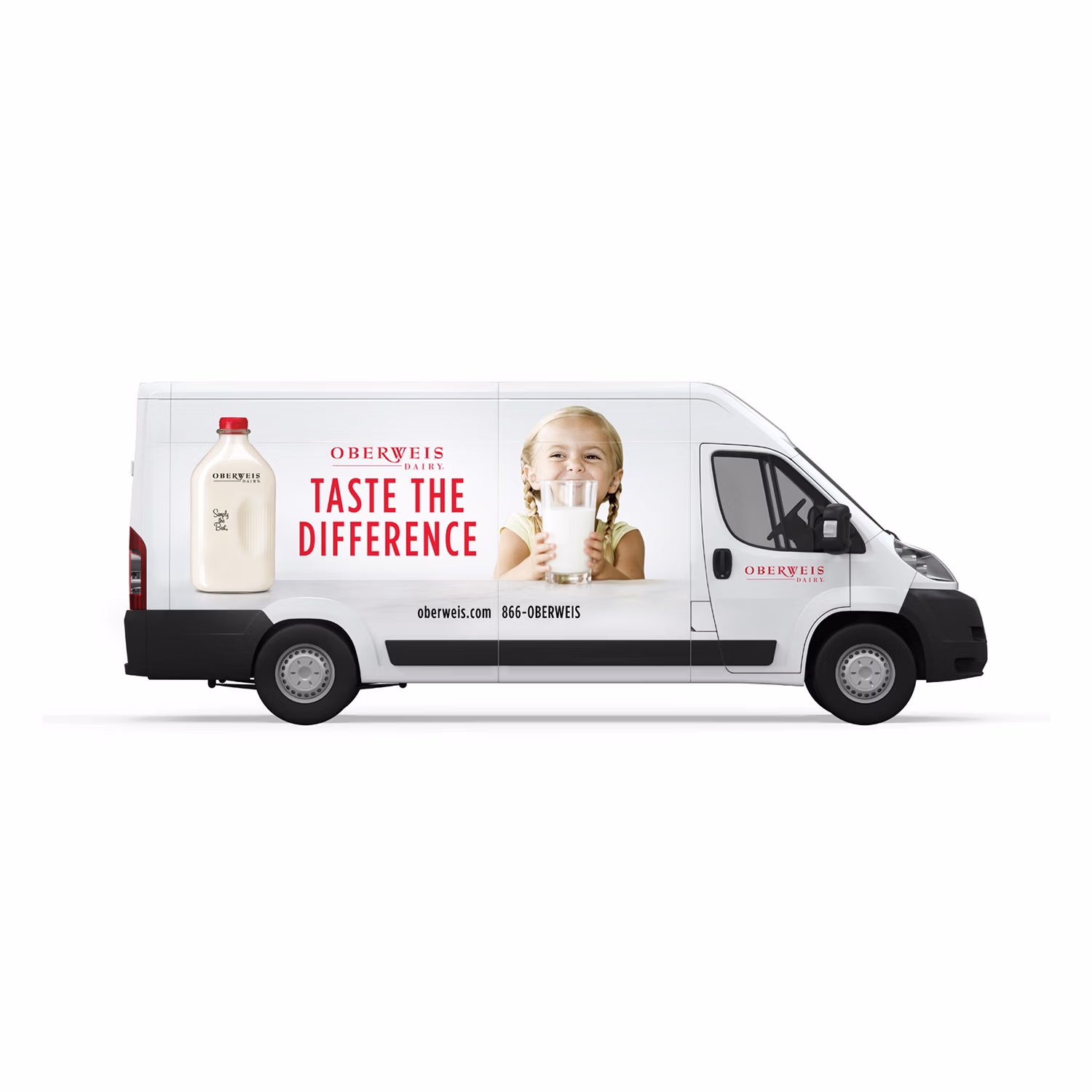 Oberweis Dairy branded delivery van with 'Taste the Difference' messaging