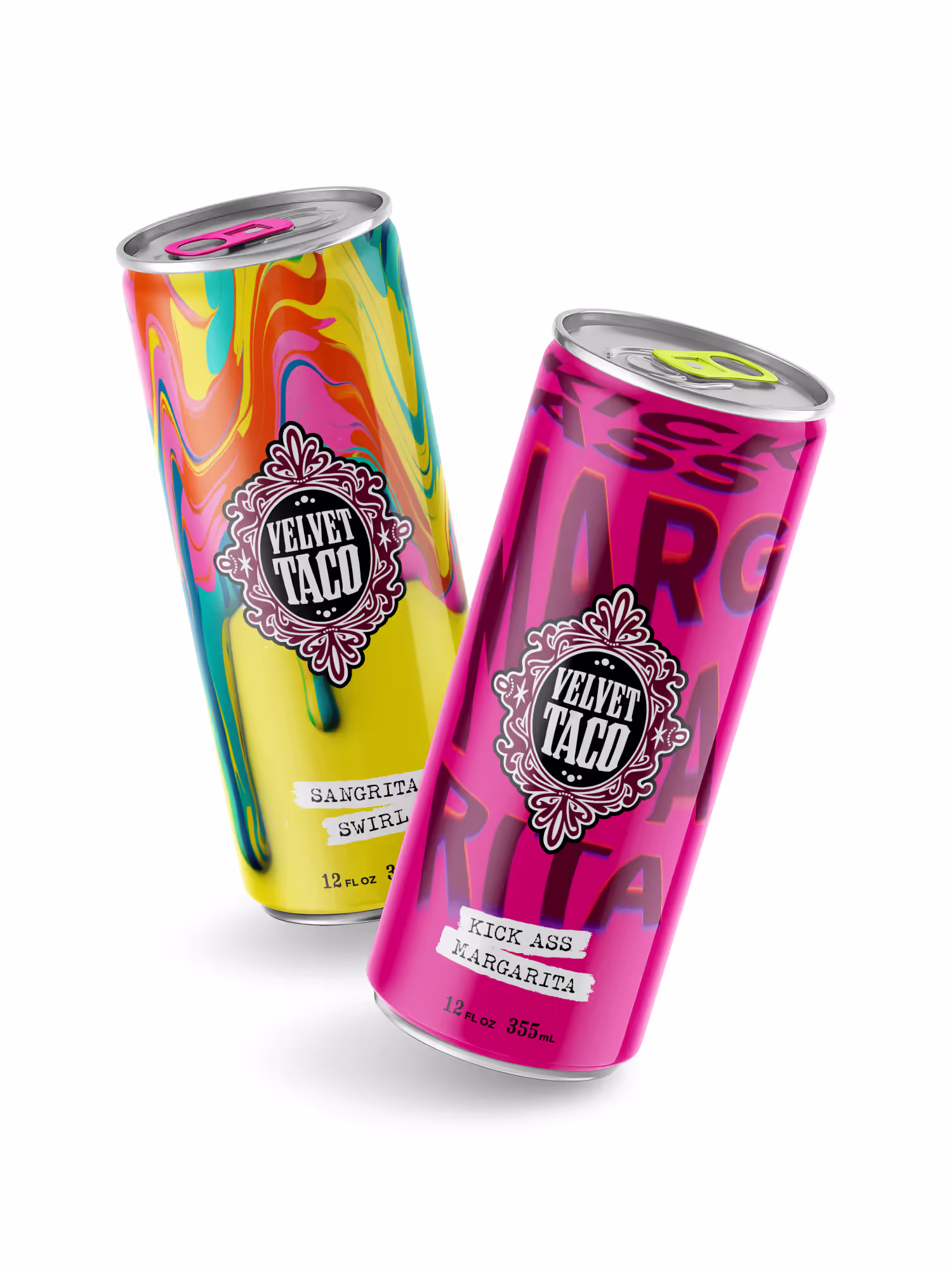 Velvet Taco branded beverage cans with bold, colorful packaging design