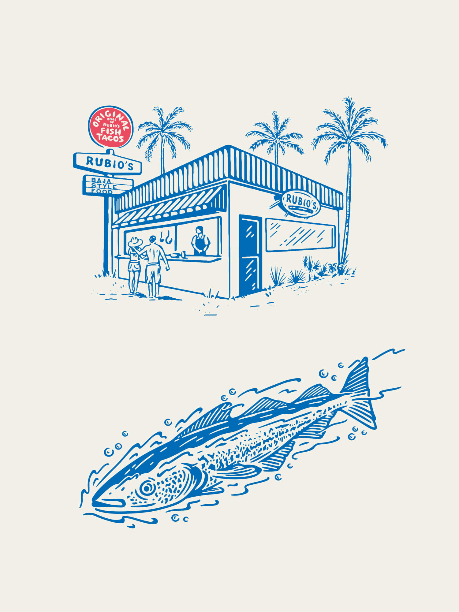 Hand-drawn illustration of a Rubio's coastal taco stand with a fish graphic in blue and cream tones