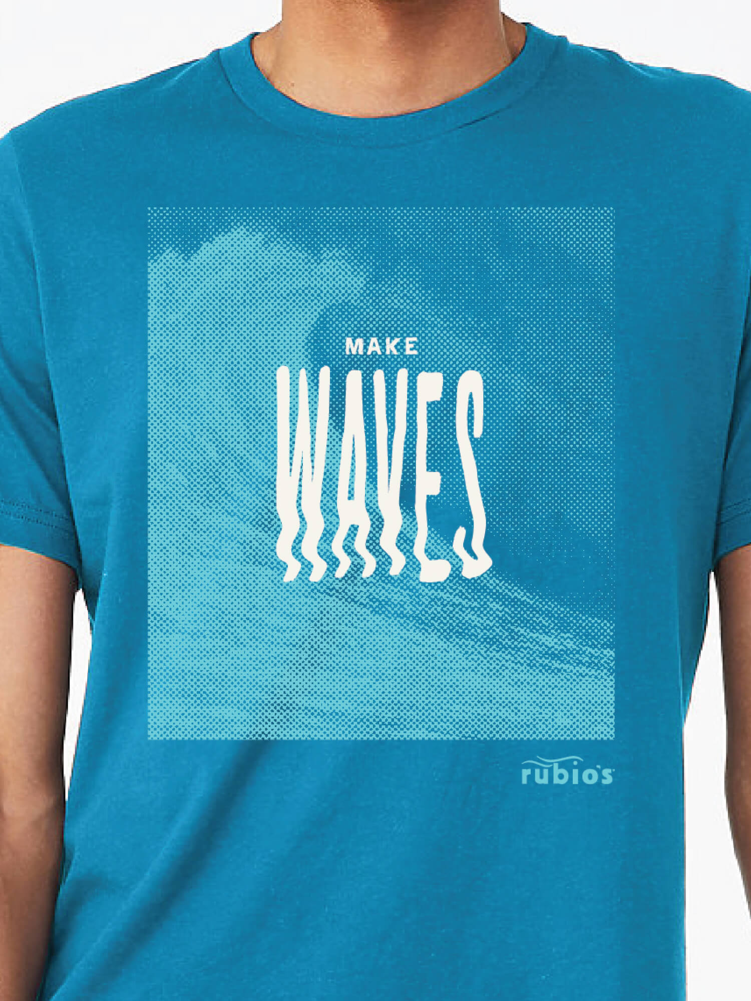Blue Rubio's branded t-shirt with 'Make Waves' graphic