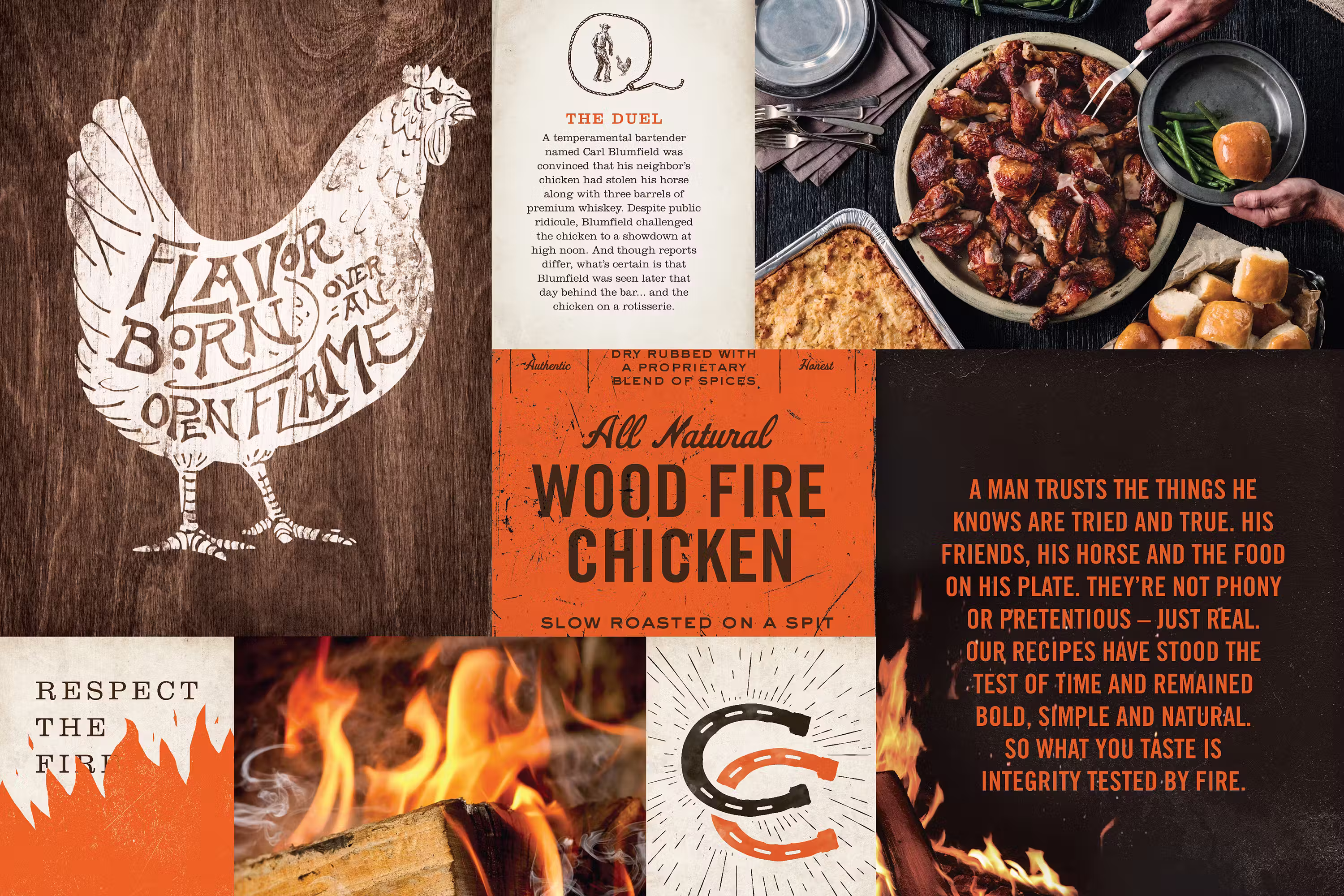 Collage of different cowboy chicken branded artwork.