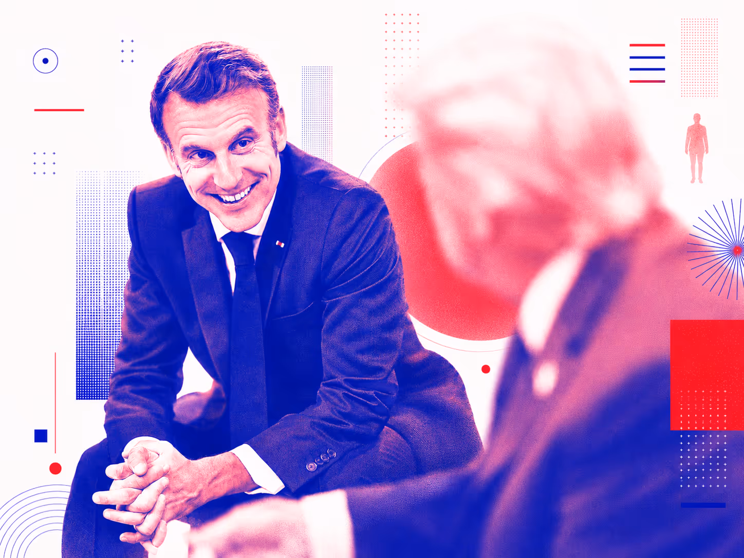 Emmanuel Macron face à Donald Trump, drapeau américain en arrière-plan, traité en collage éditorial bleu-rouge