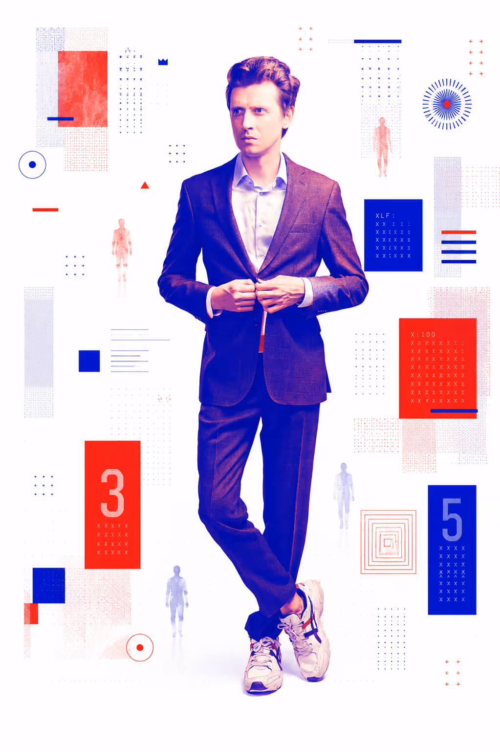 Portrait en pied de Denis Kataev, costume bordeaux et baskets blanches, sur fond de collage géométrique tricolore
