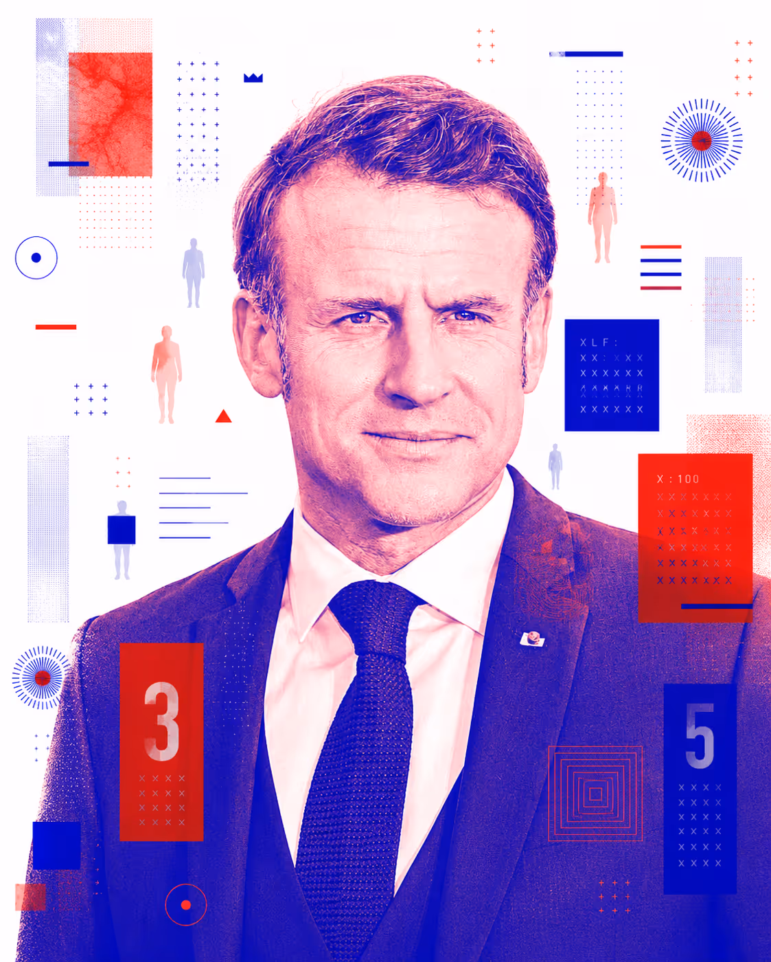 Portrait éditorial d'Emmanuel Macron en buste, costume sombre et cravate tricot, sur fond de collage géométrique tricolore bleu-rouge