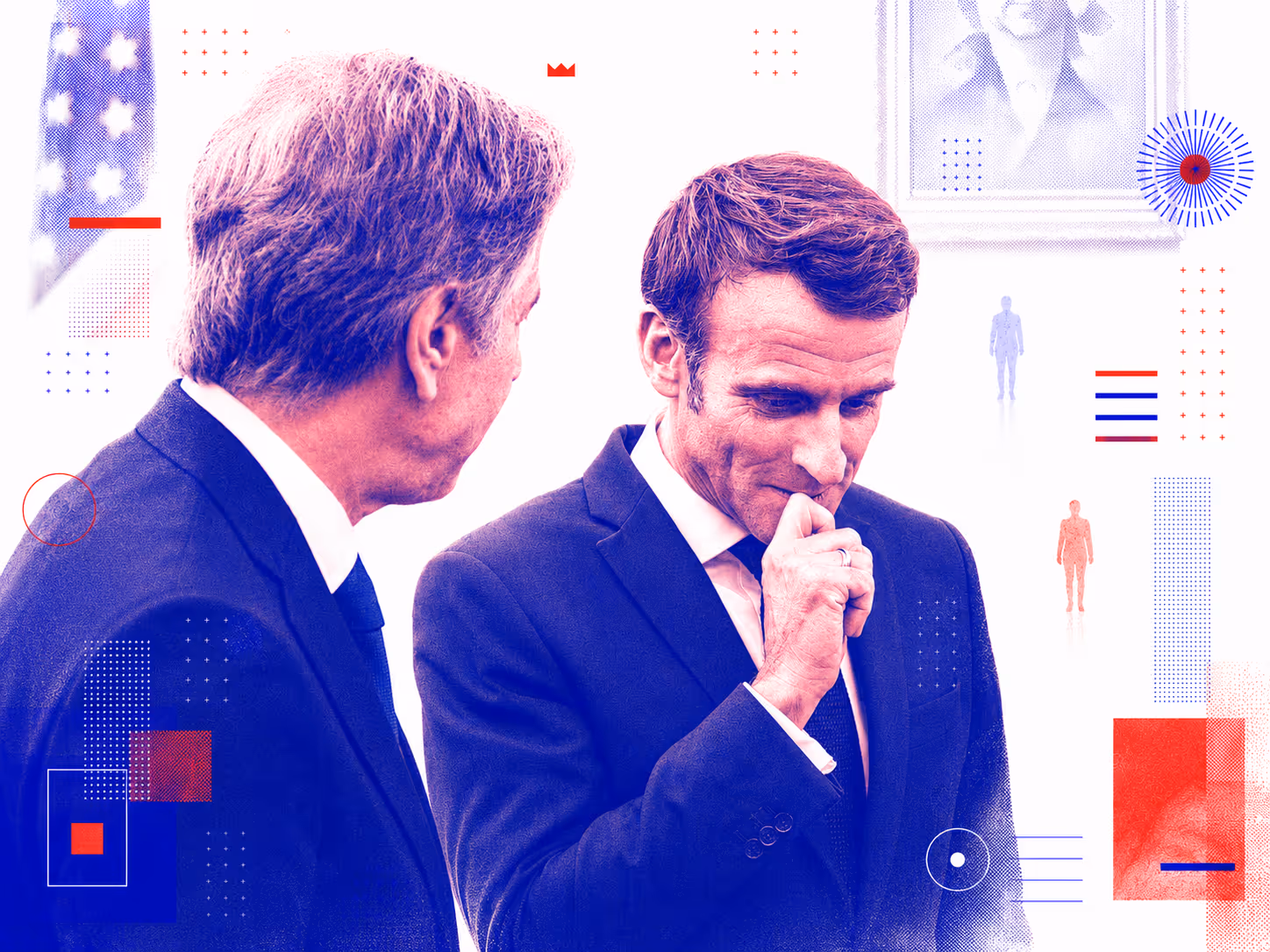 Emmanuel Macron souriant lors d'un entretien, silhouette d'un interlocuteur au premier plan, en bichromie éditoriale