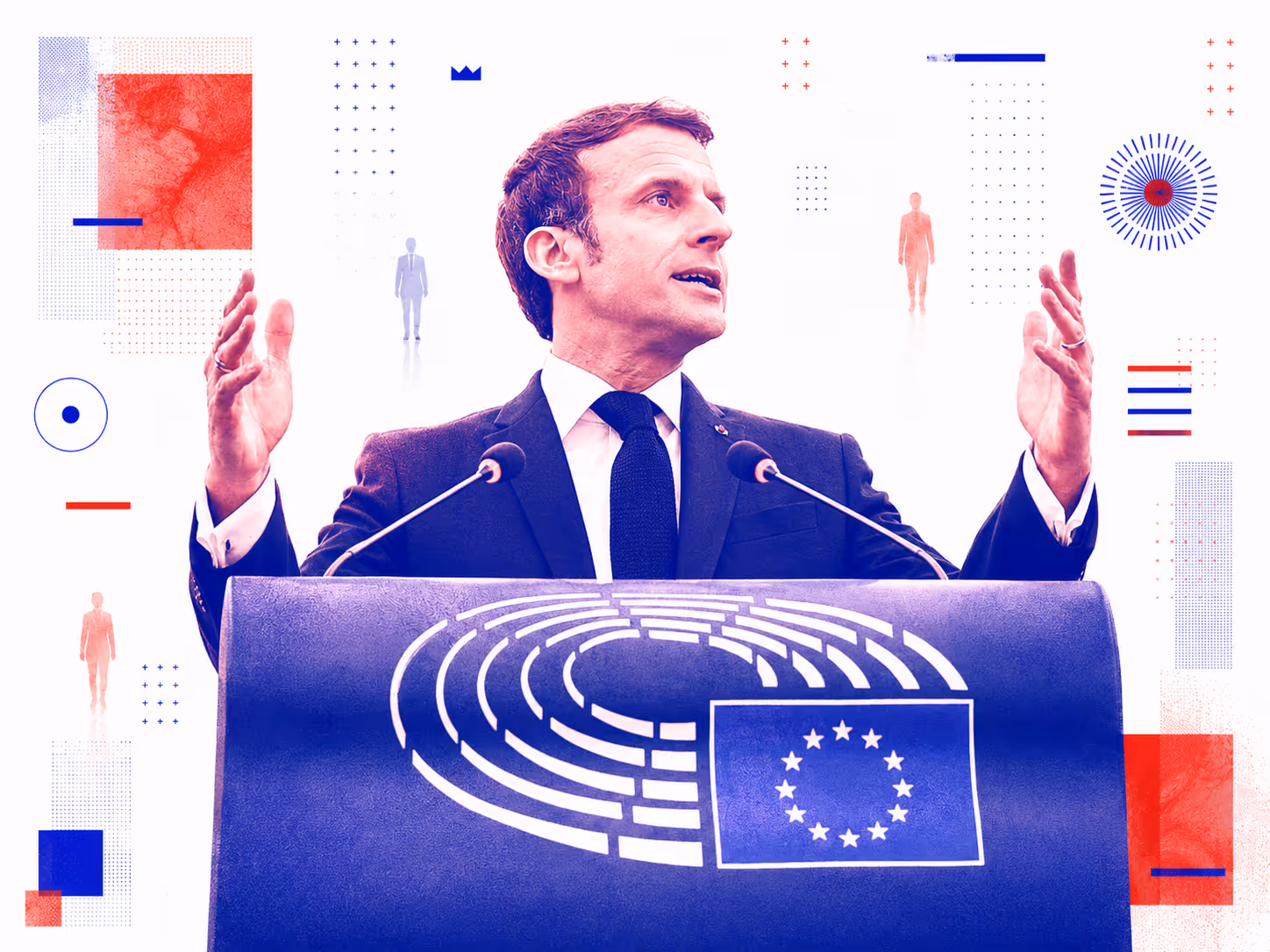 Emmanuel Macron à la tribune devant l'emblème du Parlement européen, mains ouvertes en geste de discours, en collage éditorial bichromique
