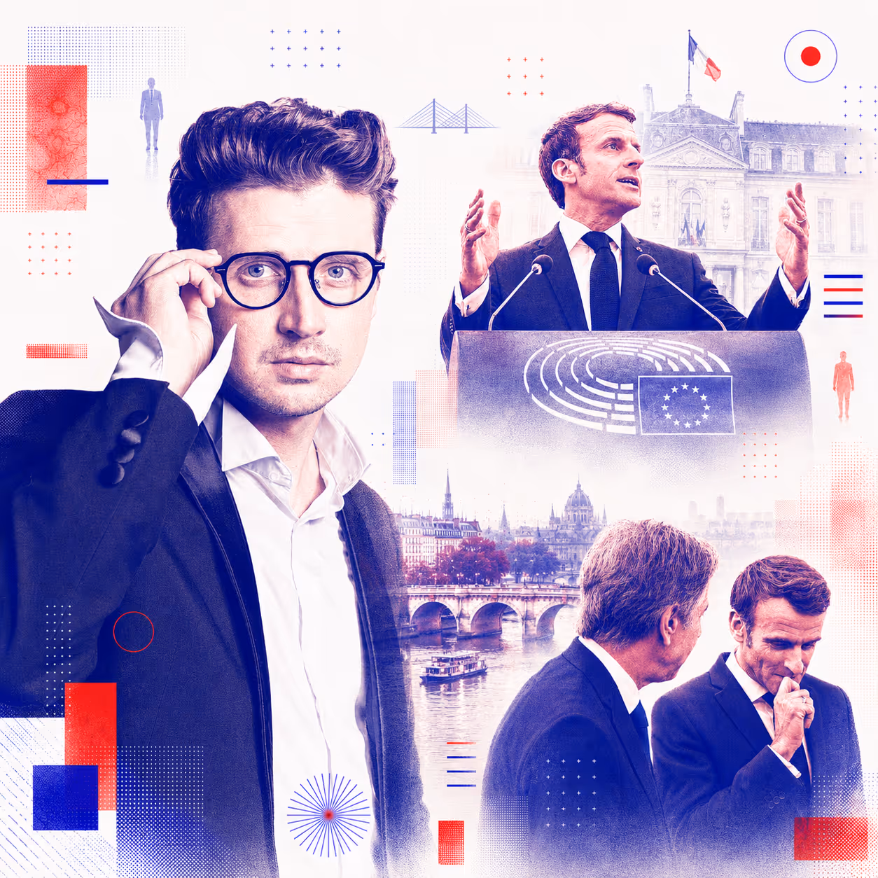 Collage éditorial du Pont Neuf : portrait de Denis Kataev, Emmanuel Macron à la tribune devant l'Élysée, hémicycle du Parlement européen et vue du Pont Neuf à Paris, traité en bichromie bleu-rouge