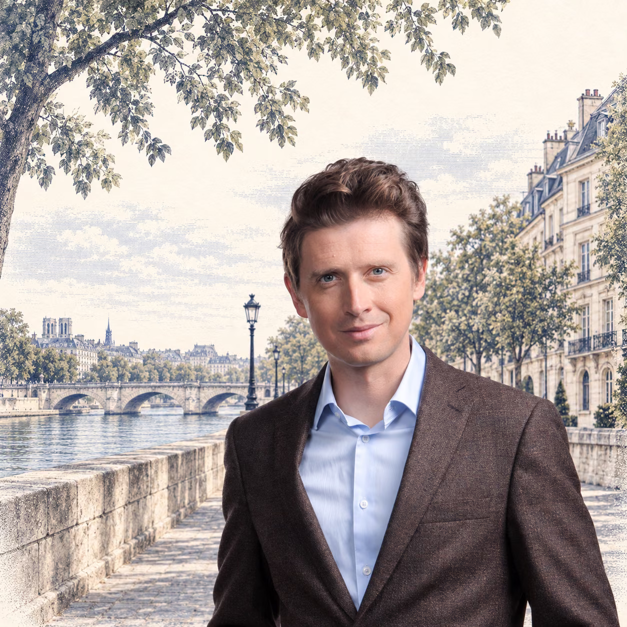 Portrait de Denis Kataev en veste brune sur un quai de la Seine, sous les arbres, Paris dessiné derrière lui.