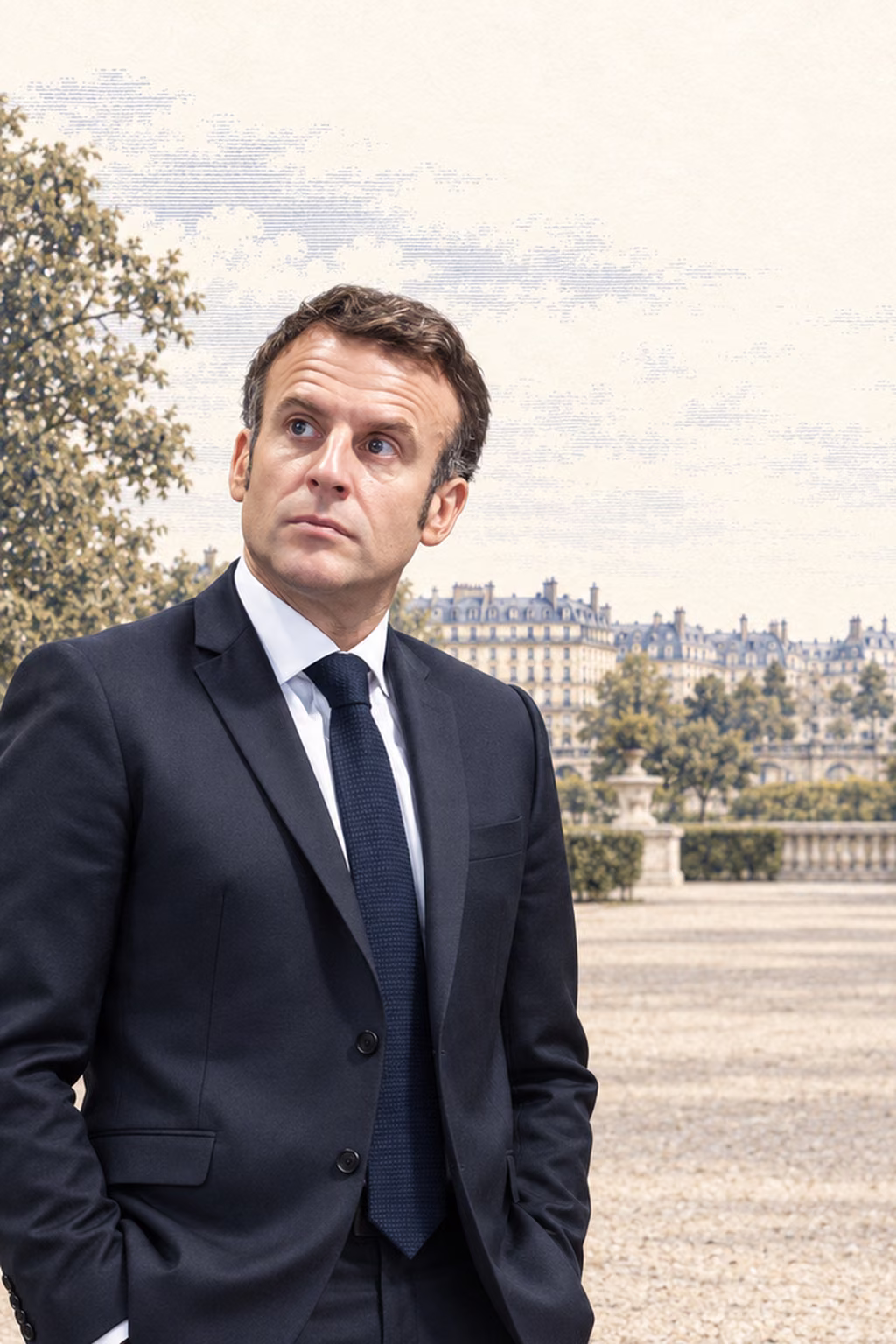 Emmanuel Macron en costume sombre dans un jardin parisien, les arbres et les façades dessinés derrière lui.