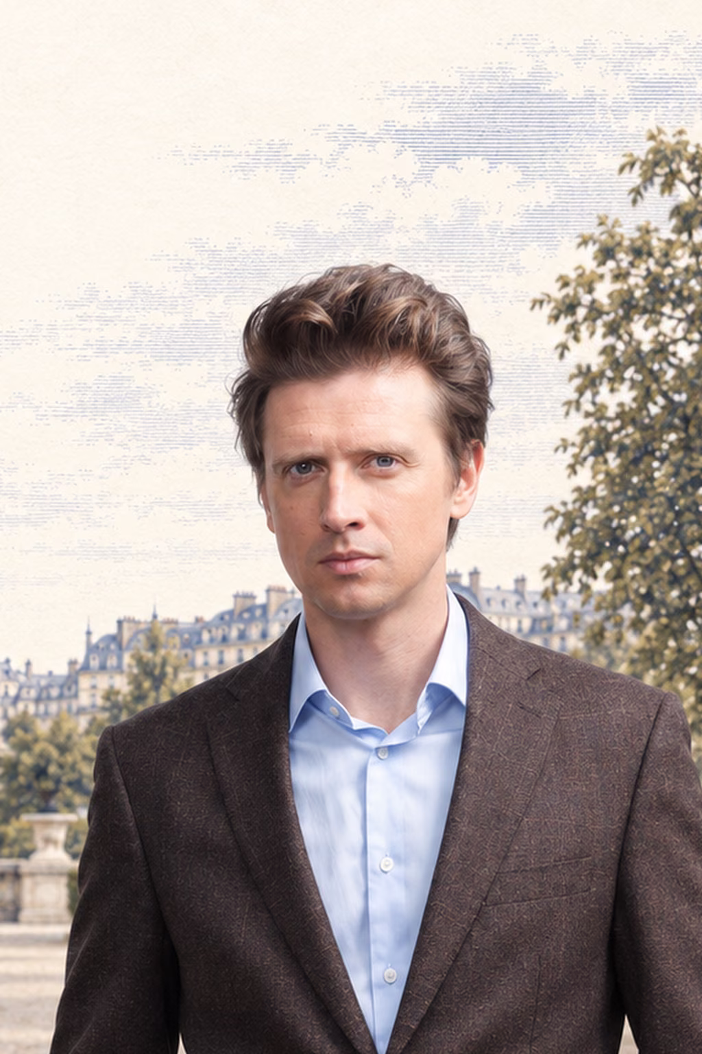 Denis Kataev en veste brune dans le même jardin parisien, les mains dans les poches.