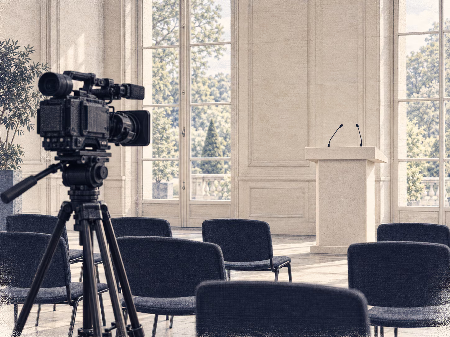 Salle de presse vide avant une conférence : caméra sur trépied, rangées de chaises et tribune sans orateur.
