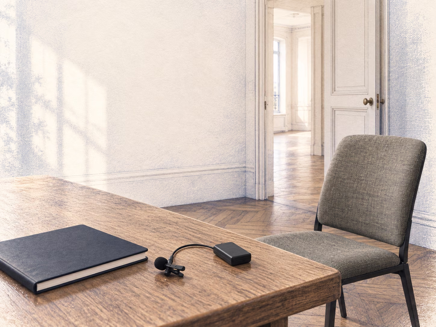 Table d’entretien avec un carnet et un micro-cravate, une chaise vide, une porte ouverte au fond.