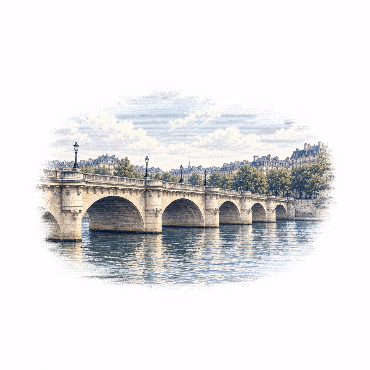 Le pont Neuf et la Seine à Paris, arches de pierre et eau, la ville dessinée en gravure sur fond blanc.