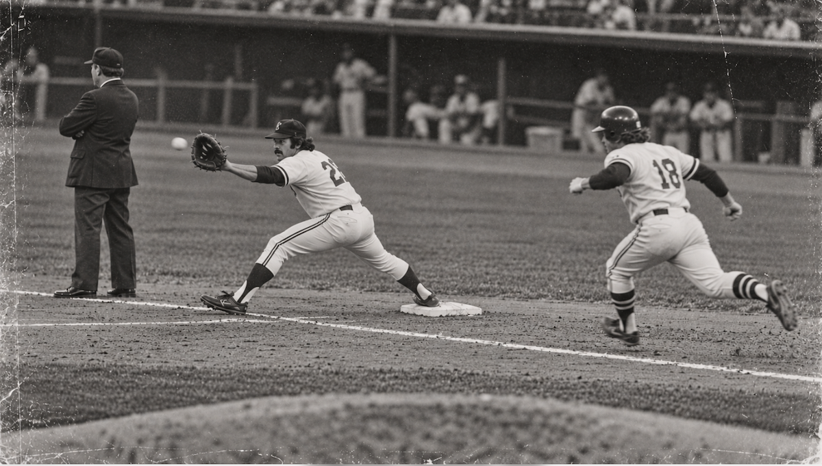 An umpire watches a bang-bang play at first base.
