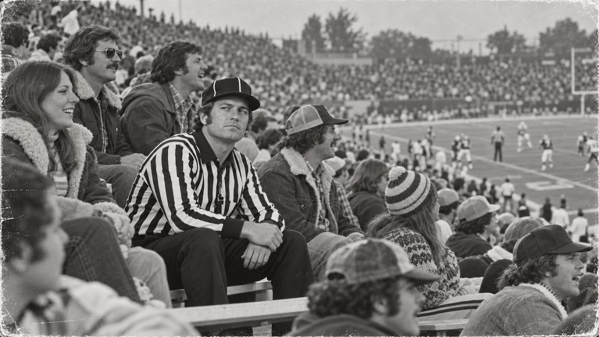 A referee takes a seat in the stands with the fans.
