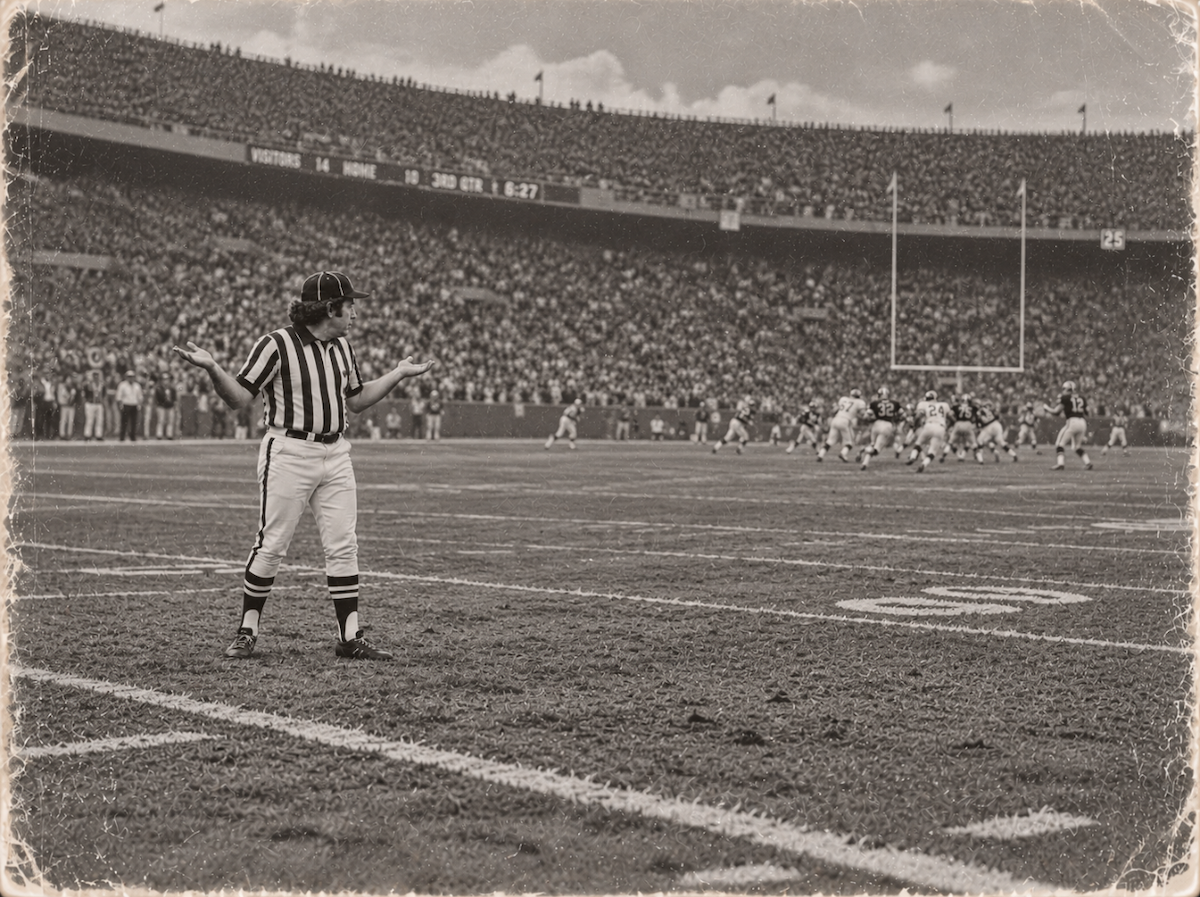 A lone referee shrugs while the game happens somewhere else.