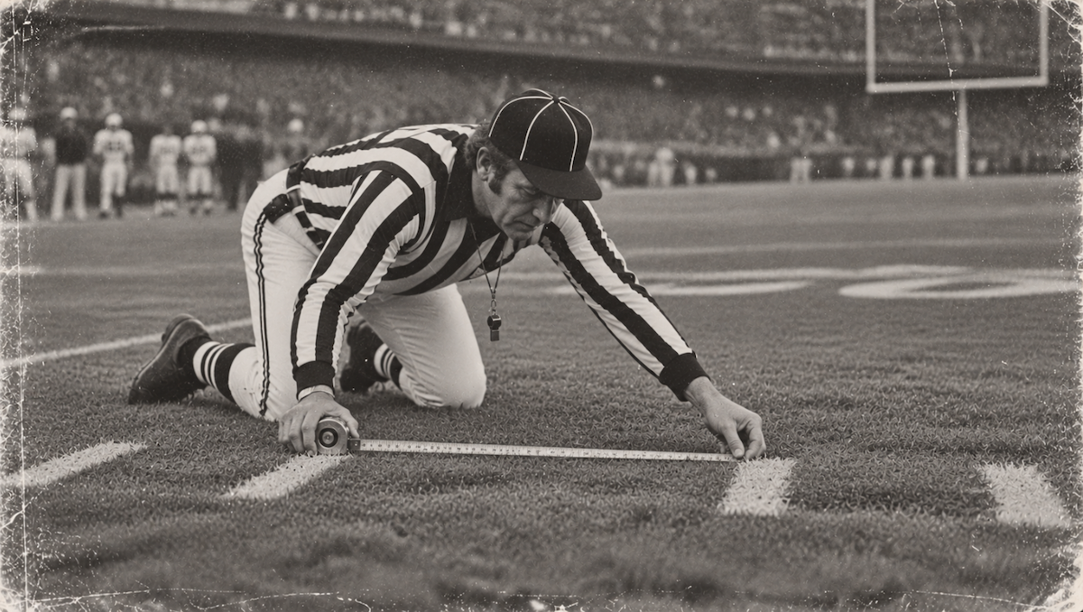 A referee kneels to measure the line to the inch.