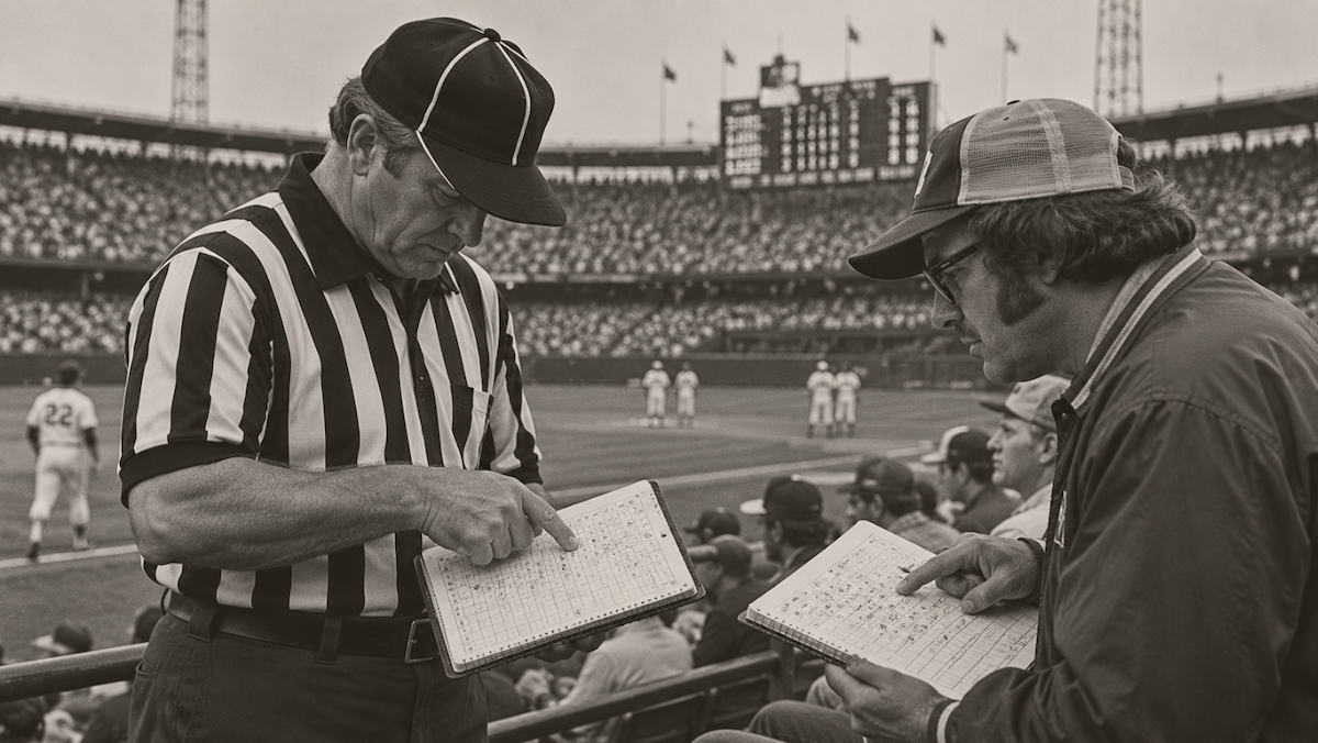 A referee and a fan compare notes in their own scorebooks.