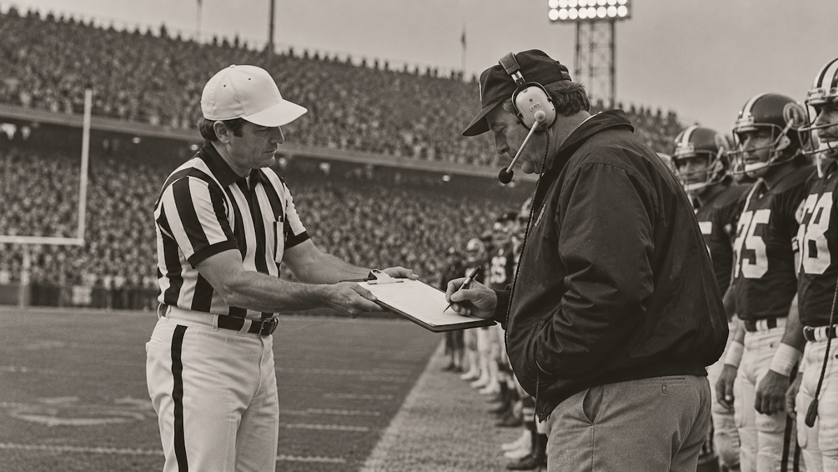 A referee holds out a clipboard for a signature before play resumes.
