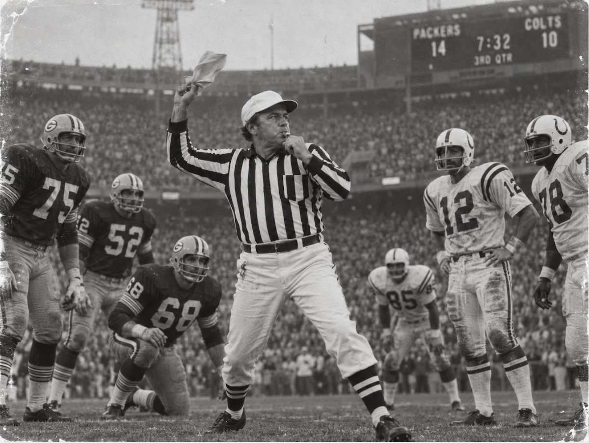 A referee winds up to throw the flag as players look on.