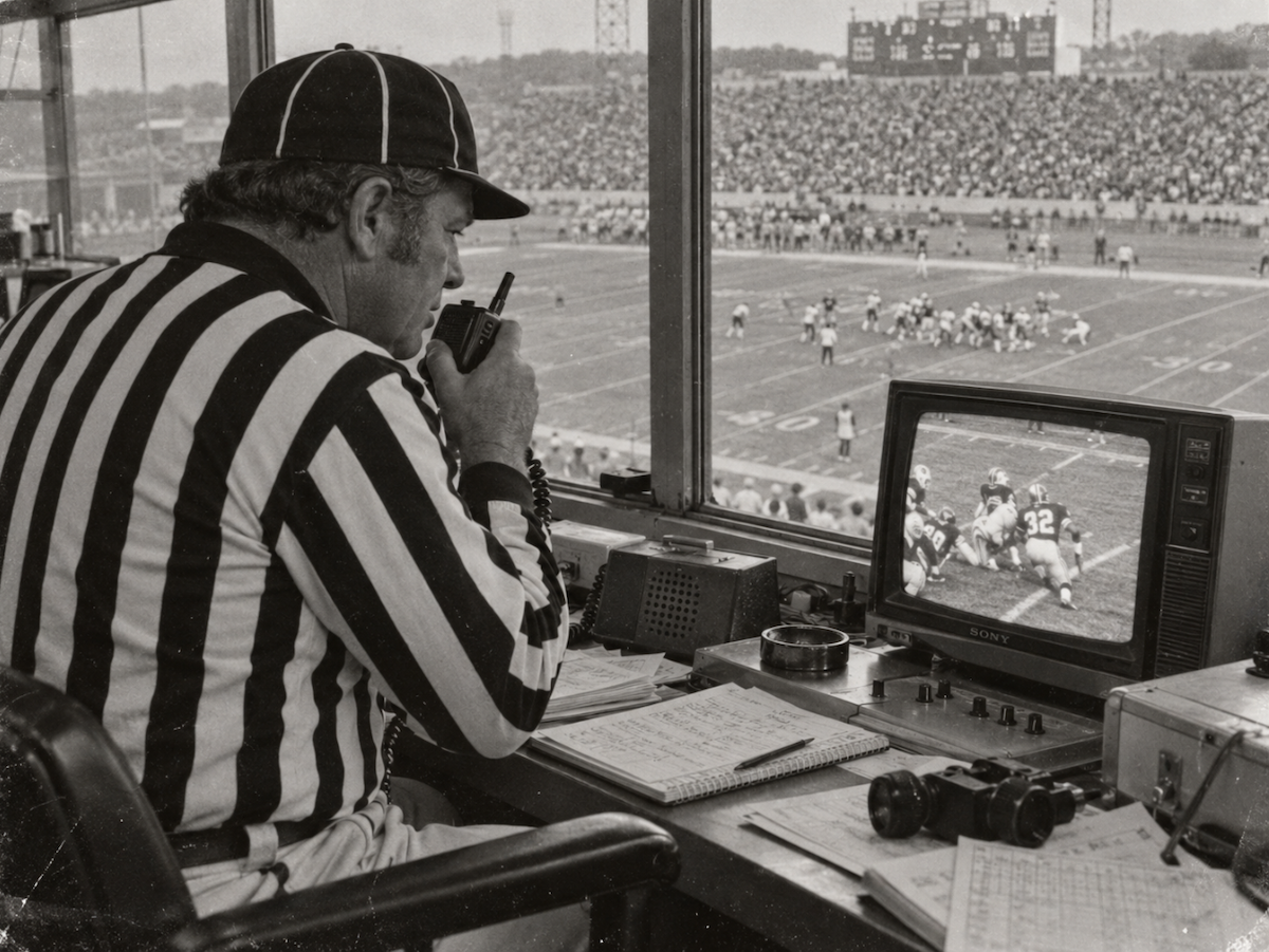 From the booth, a referee checks the replay monitor against the field below.