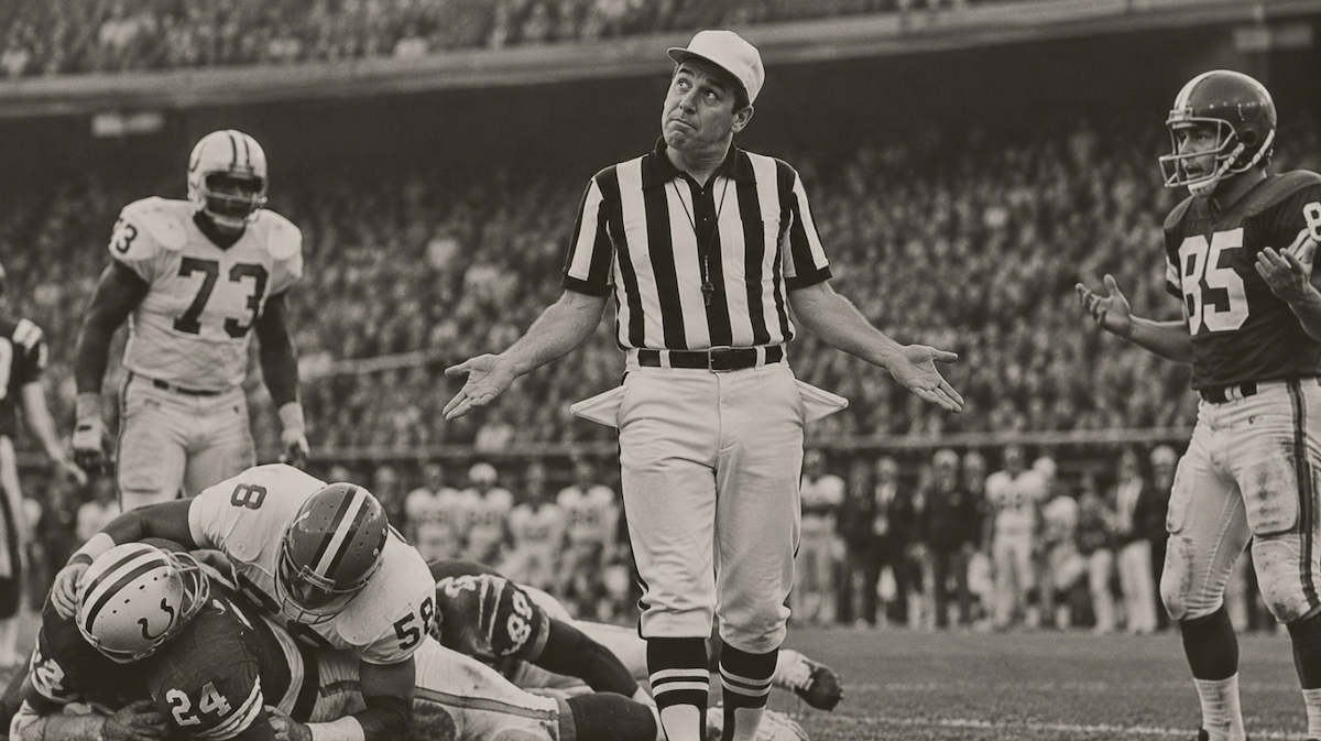 A referee shrugs over a tangle of players, unsure what he just saw.