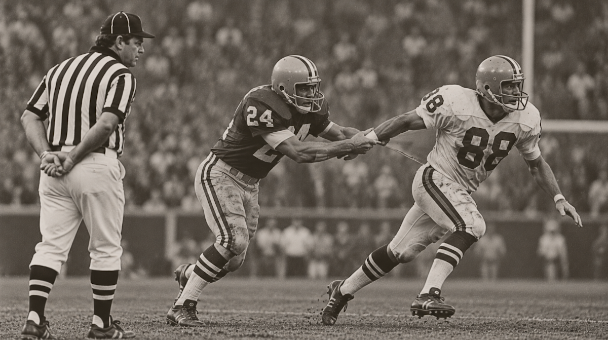 A referee watches a defender grab a receiver by the arm.