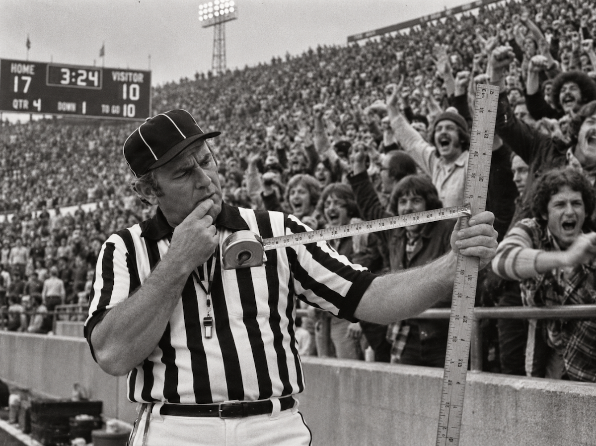 A referee holds a yardstick and tape measure up to a roaring crowd.