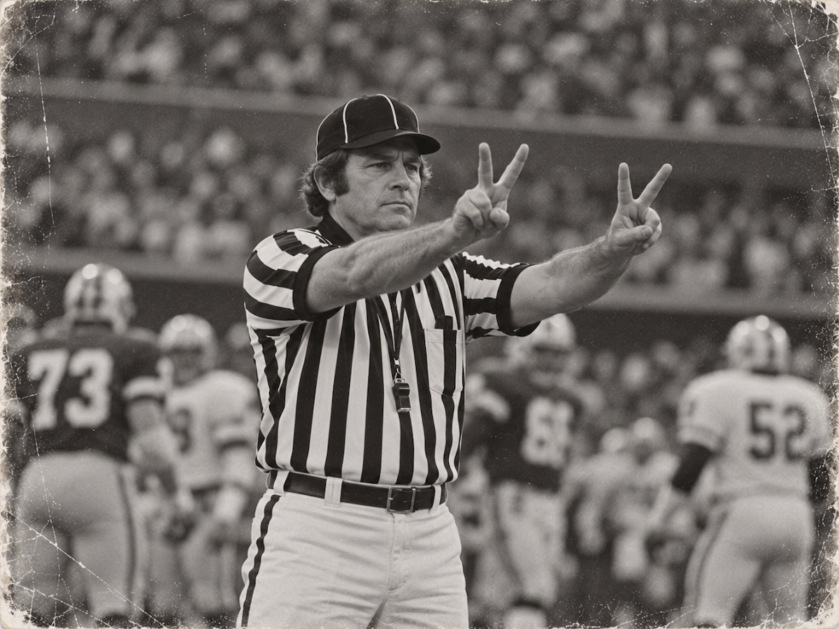 A referee holds up two V signs.