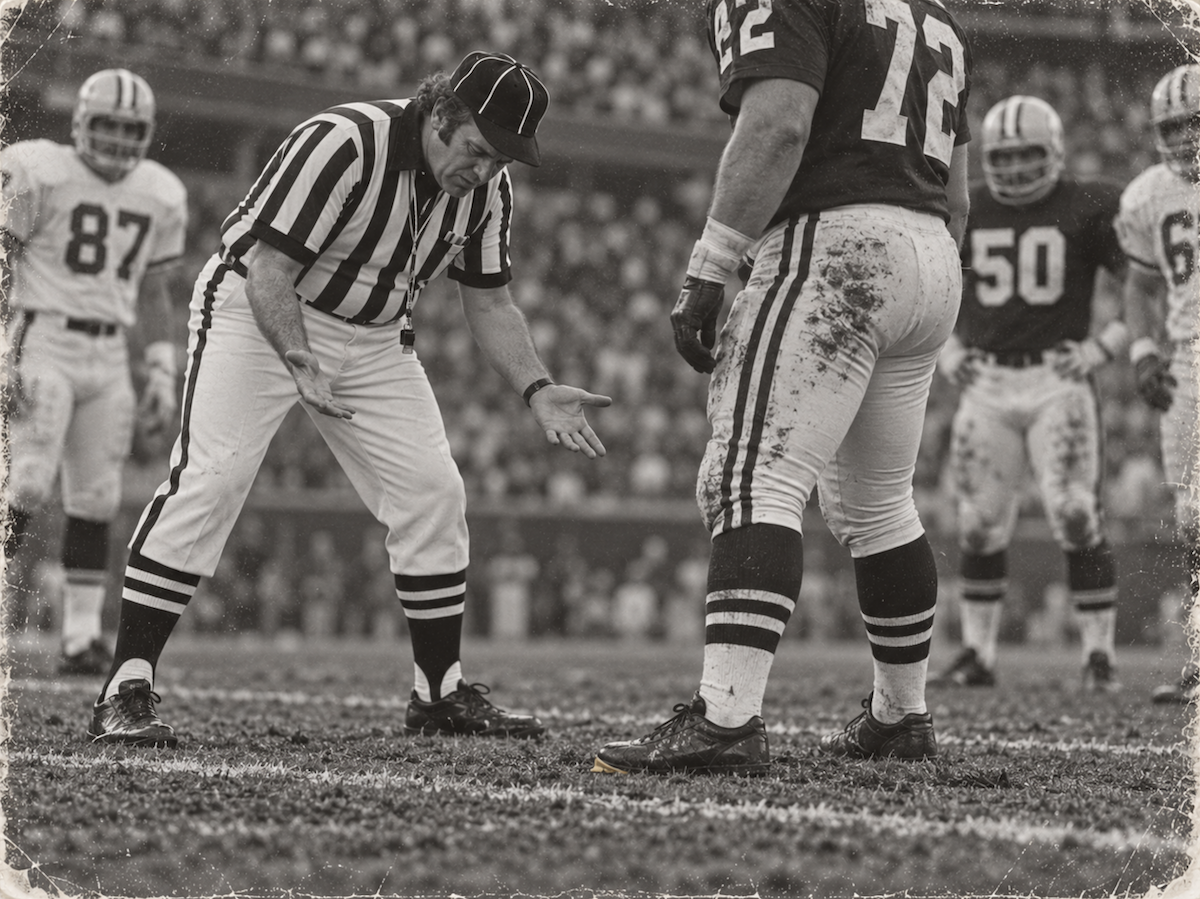 A referee bends to mark exactly where the play ended.