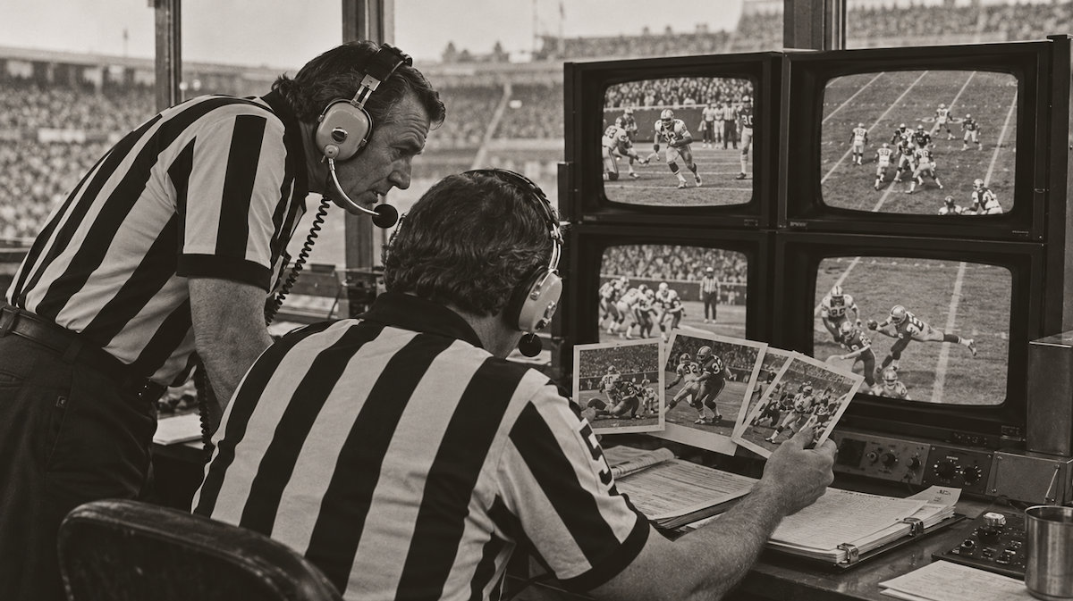 Officials sit before a wall of monitors and a stack of photos.