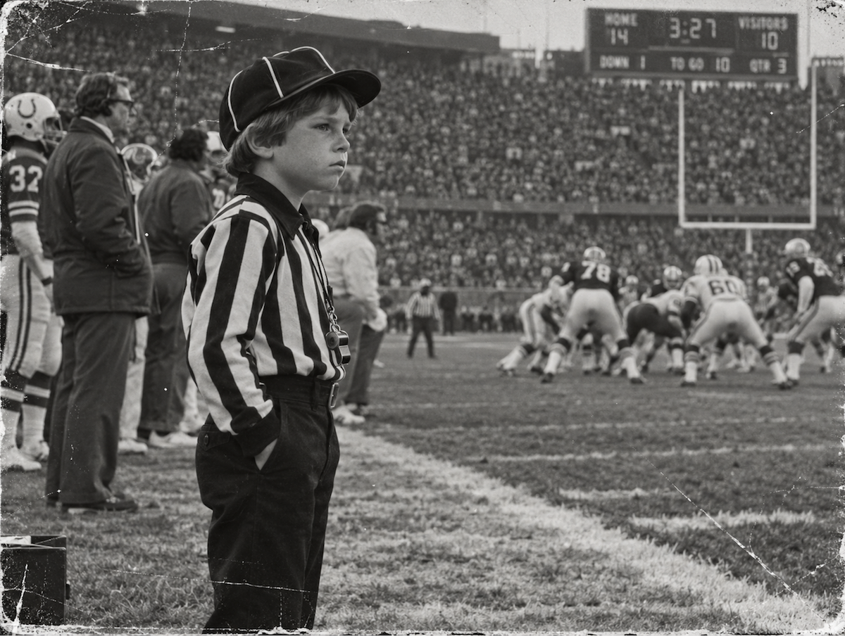 A young referee-in-training watches the game from the sideline.