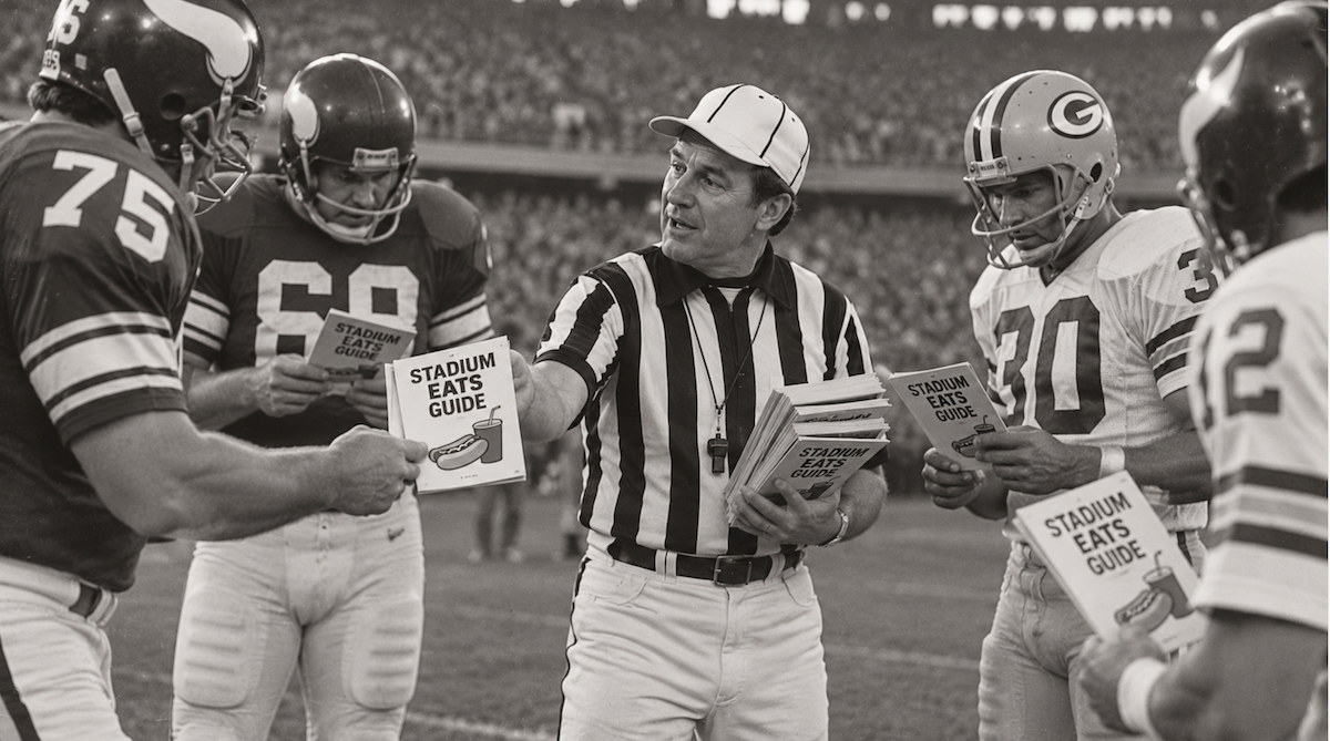 A referee hands players a stadium food guide.