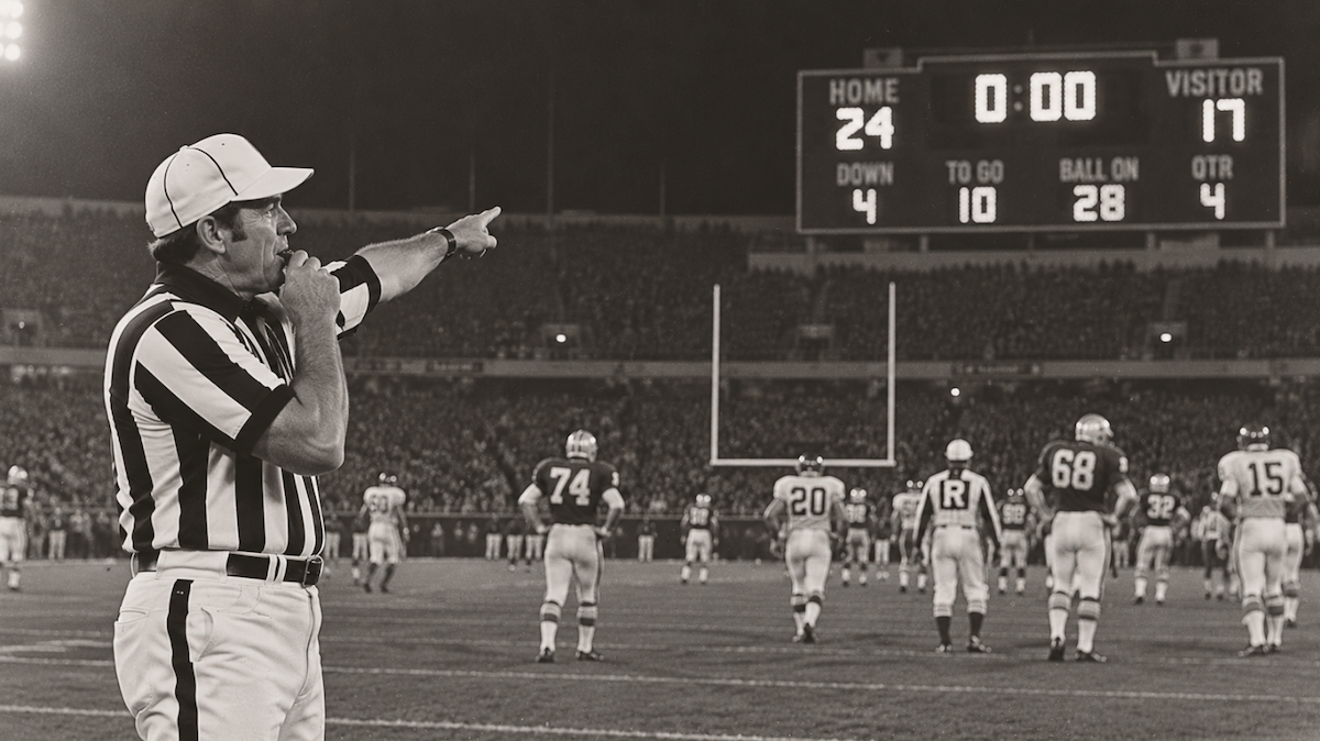A referee blows the final whistle and points to the 24-17 scoreboard.