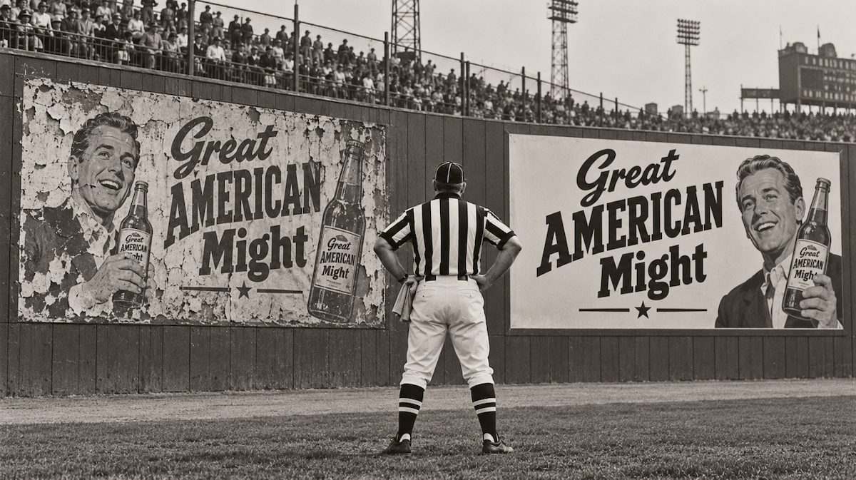 A referee stands between two identical billboards.