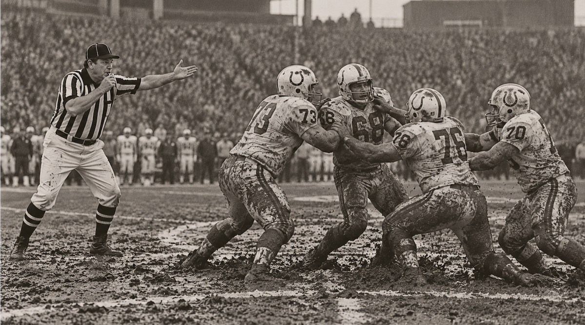 A referee calls the play as linemen grind to a halt in the mud.