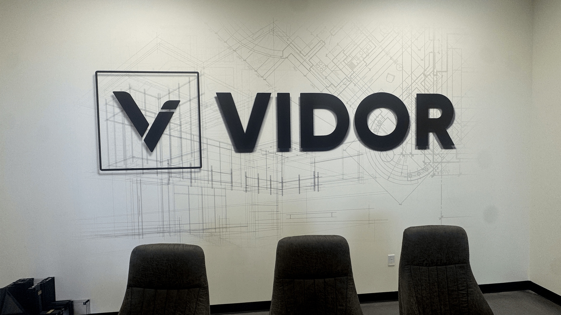 company logo printed on wall