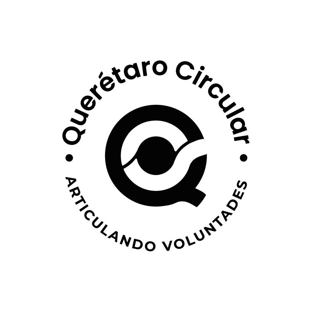Black circular logo with stylized letter Q and text 'Querétaro Circular Articulando Voluntades'.