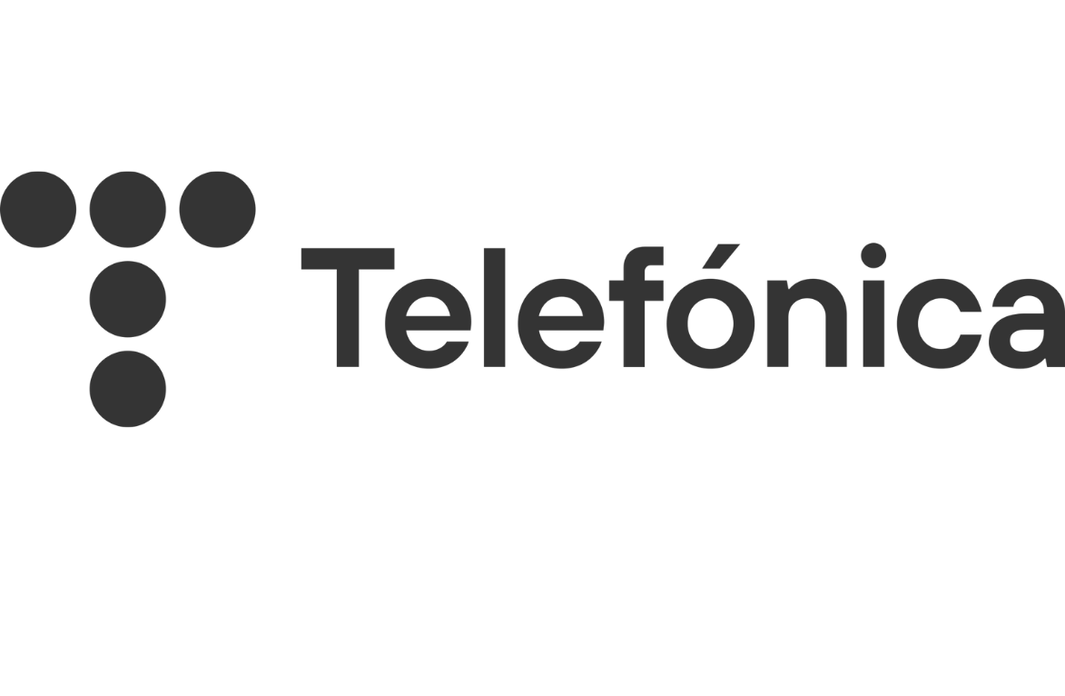 Telefónica logo with seven dark circles forming a T shape on the left