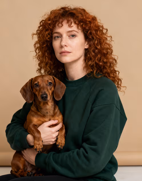 Red-haired woman in a dark green sweater holding a brown dachshund dog against a beige background.