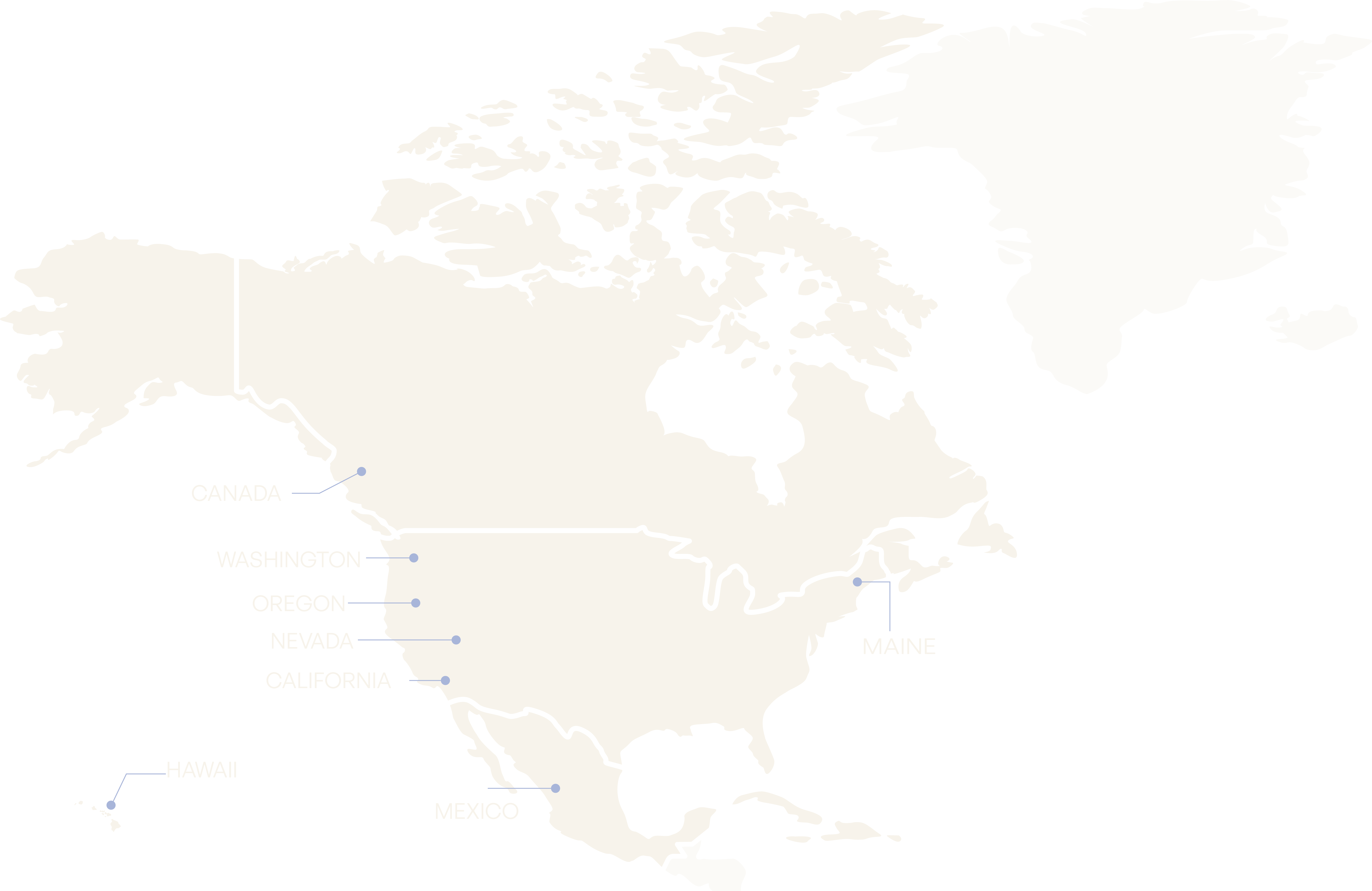 Map of North America highlighting Canada, USA states, Mexico, and Hawaii with labeled points.