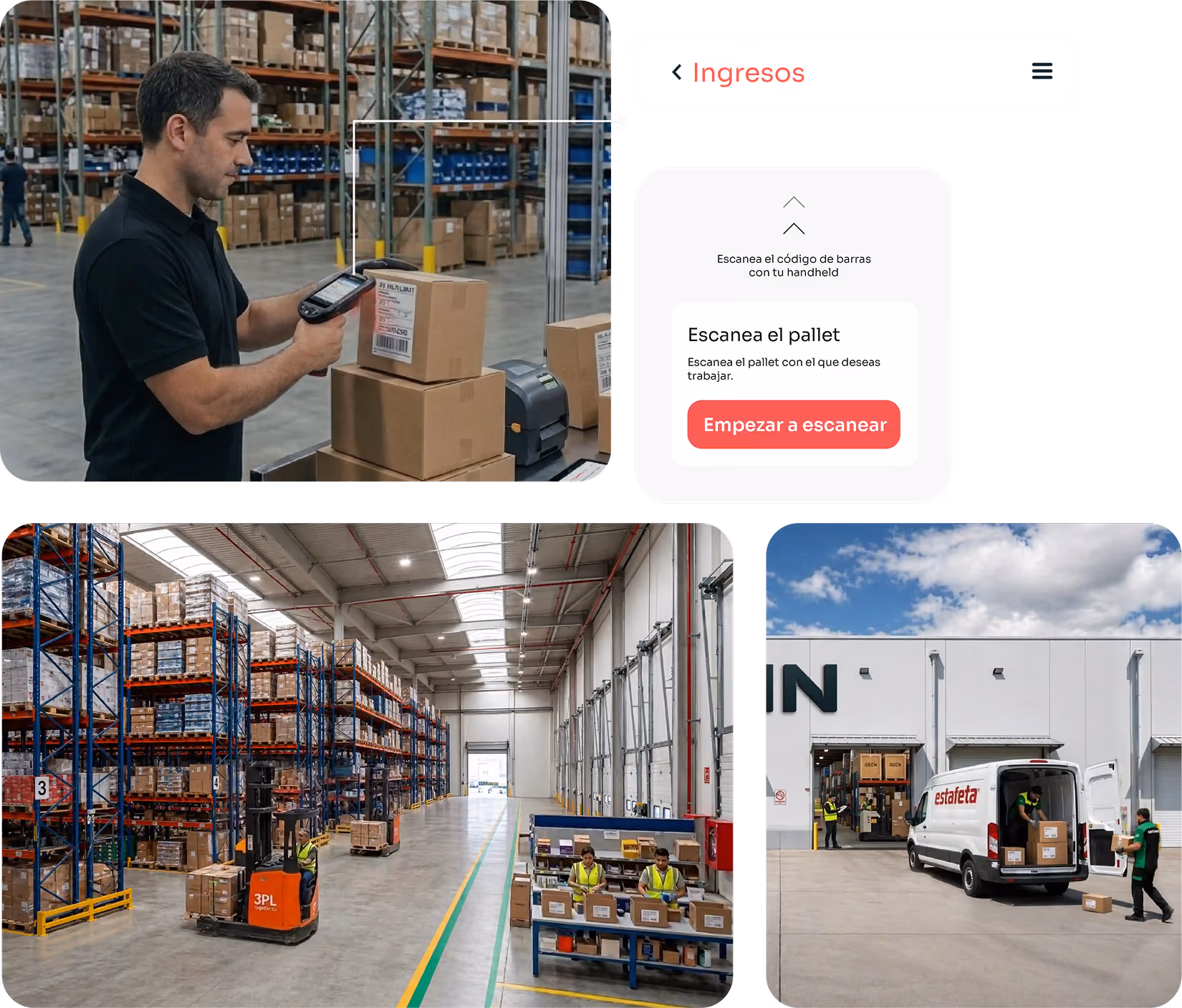 Warehouse scenes showing barcode scanning, forklifts with pallets, workers packing, and loading a delivery van.